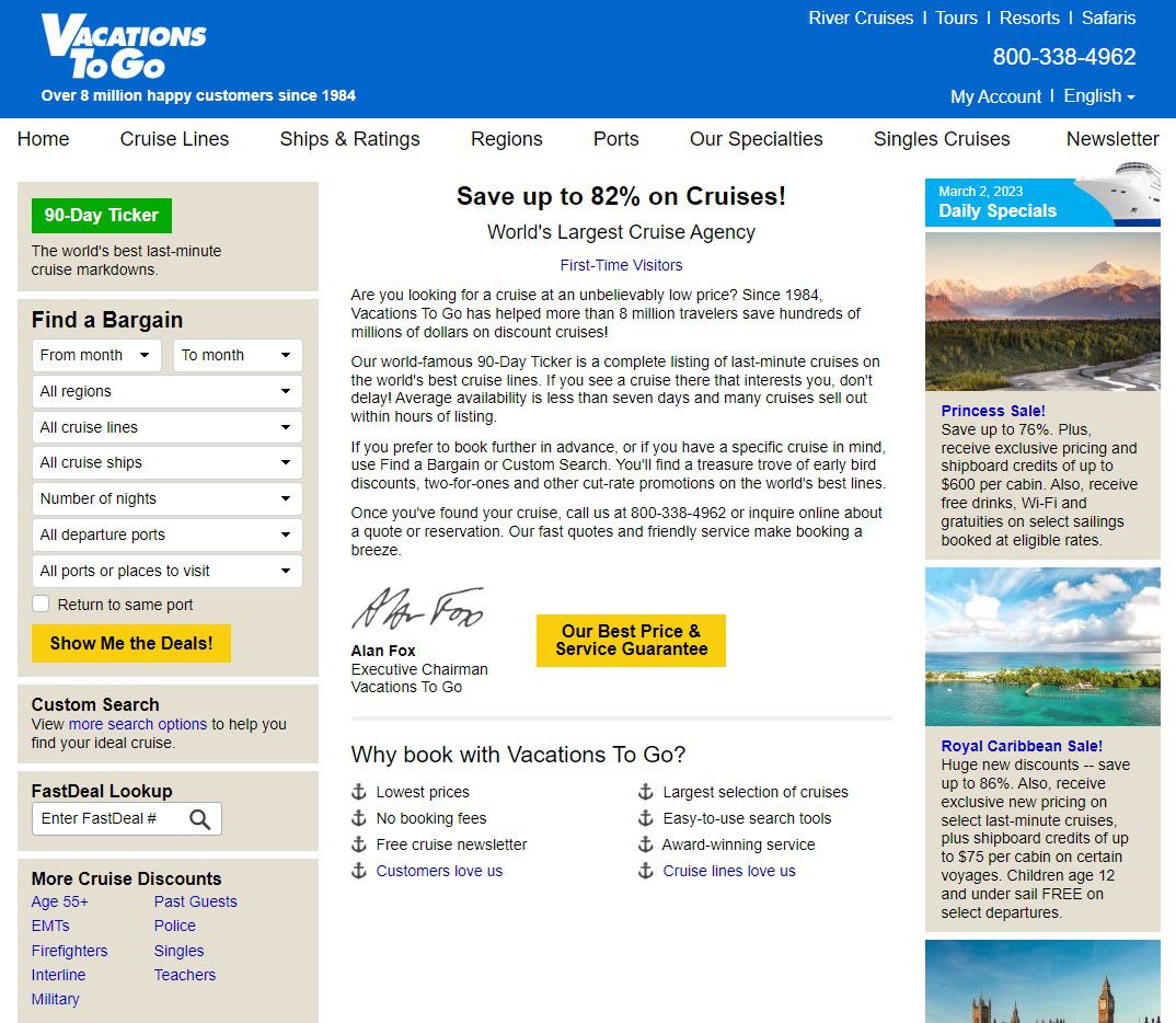 Screenshot of cruise booking site Vacations To Go