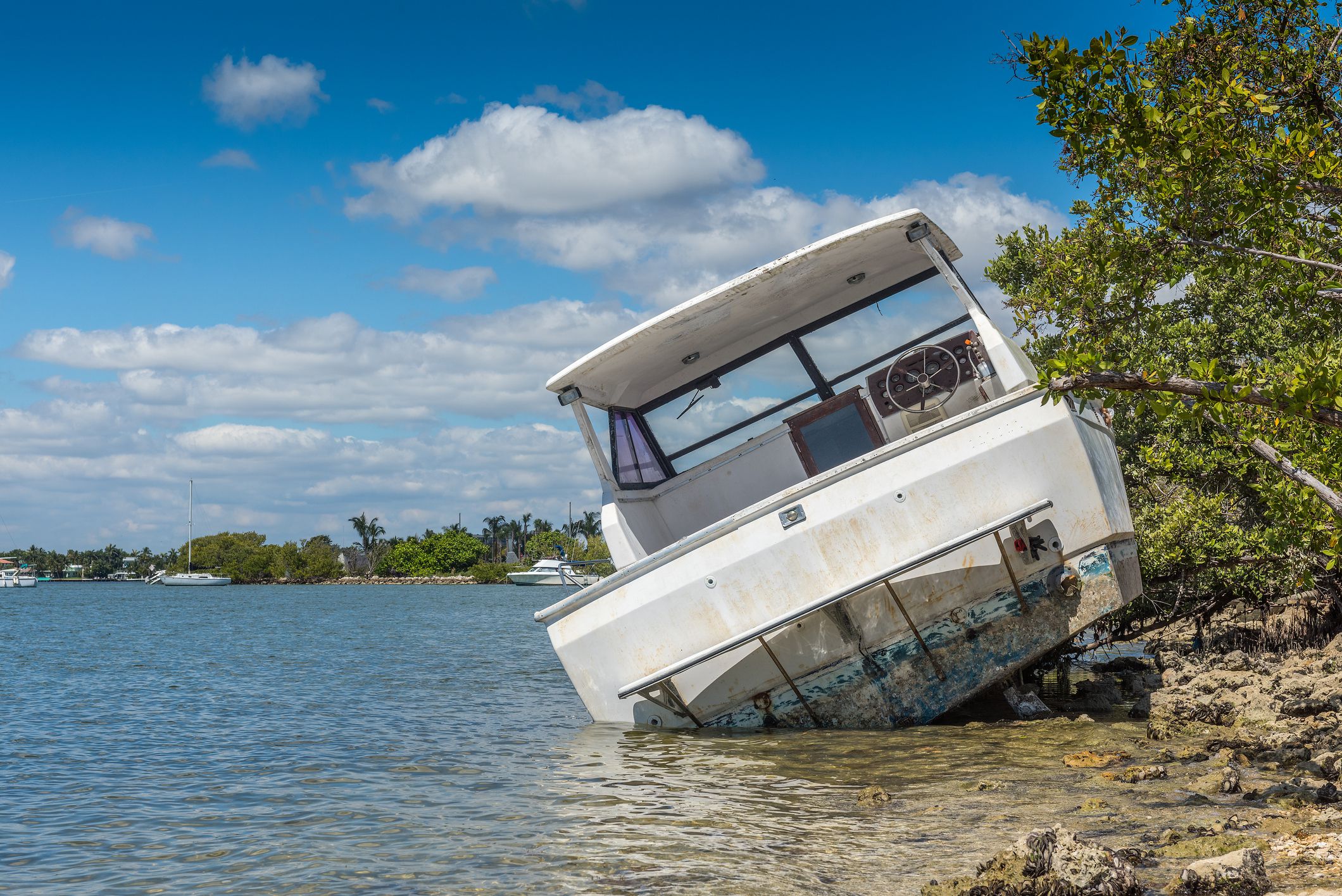 Boat damaged and abandoned by the passage of a cyclone in Miami.