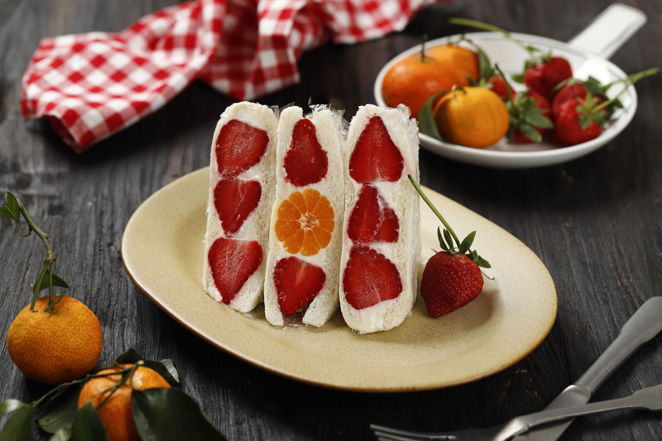Japanese Fruits Sandwich Furutsu Sando on Wooden Background, Messy Styling
