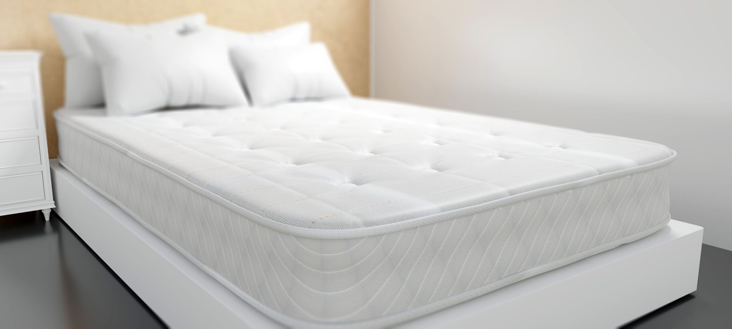 Bed and mattress, bedroom furniture. Commode, bed, orthopedic mattress and pillows white color, close up view. Comfort sleep room interior concept. 3d render