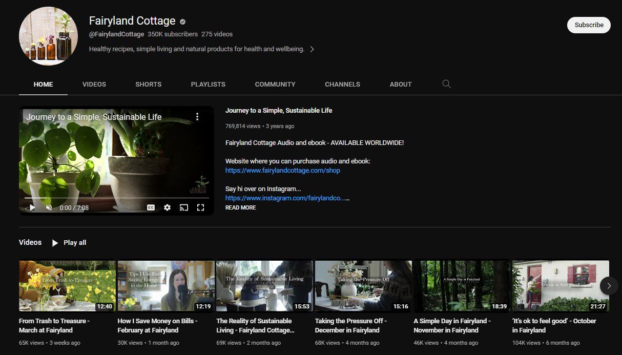 Screenshot of the Fairyland Cottage YouTube channel