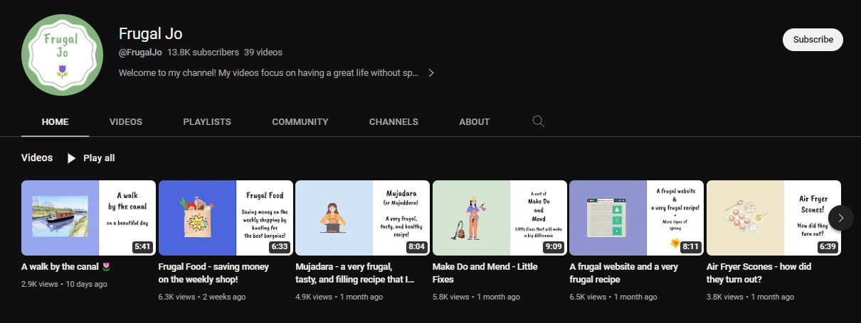 Screenshot of the Frugal Jo YouTube channel
