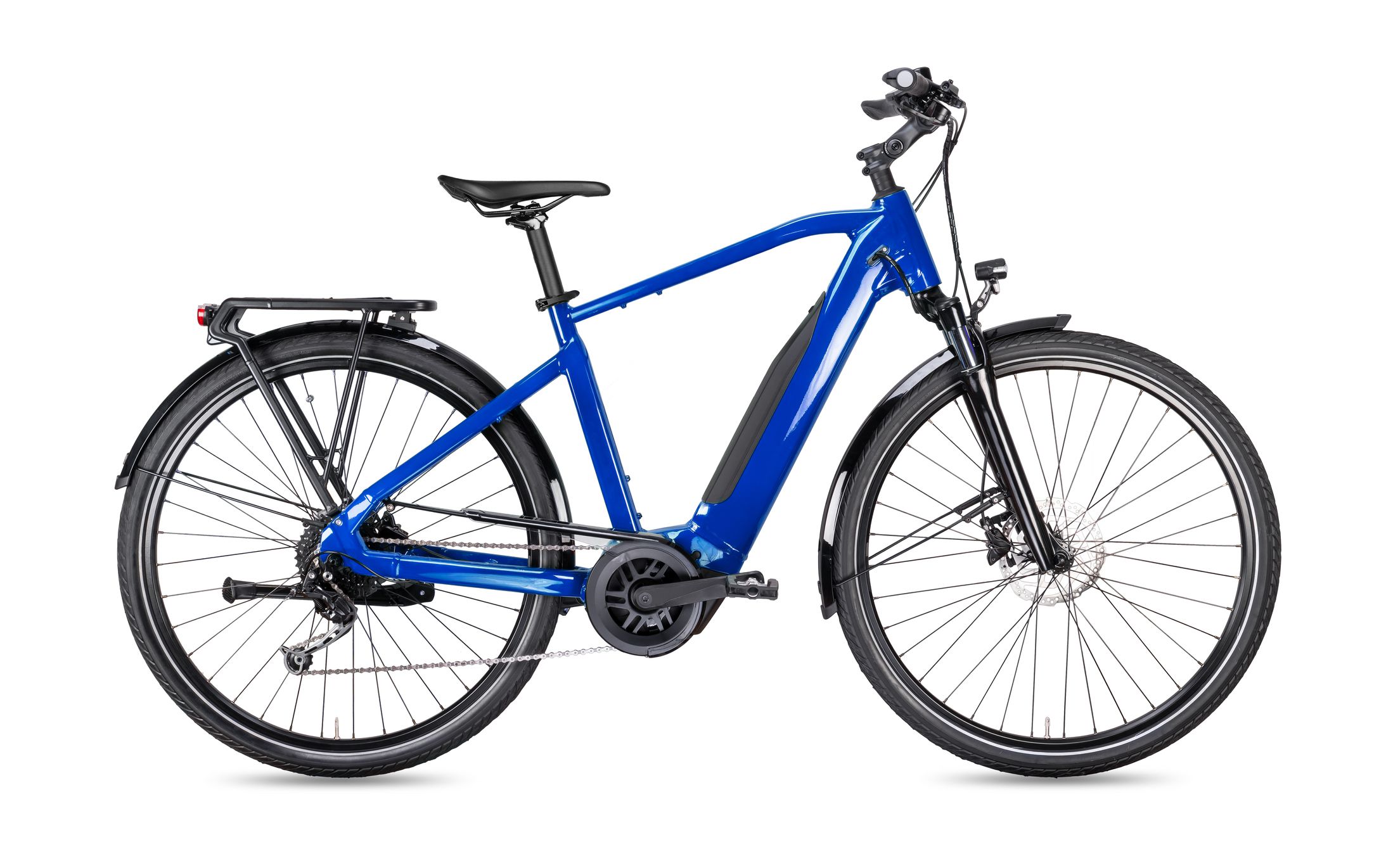 blue modern men´s mid drive motor city touring or trekking e bike pedelec with electric engine middle mount. battery powered ebike isolated on white background. Innovation transportation concept.
