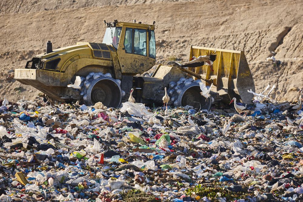 Heavy machinery shredding garbage in an open air landfill. Pollution