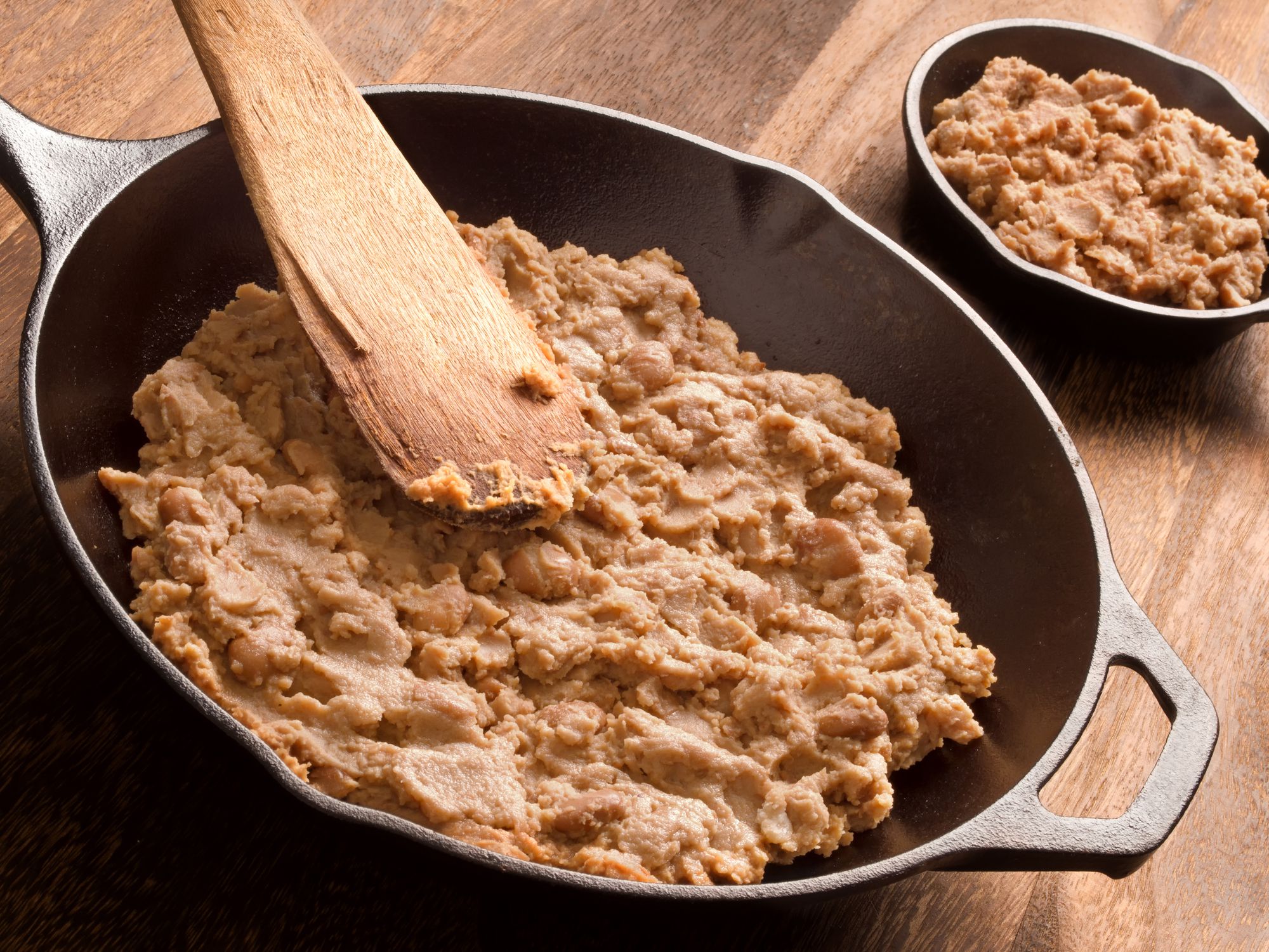 close up of a pan of refried beans