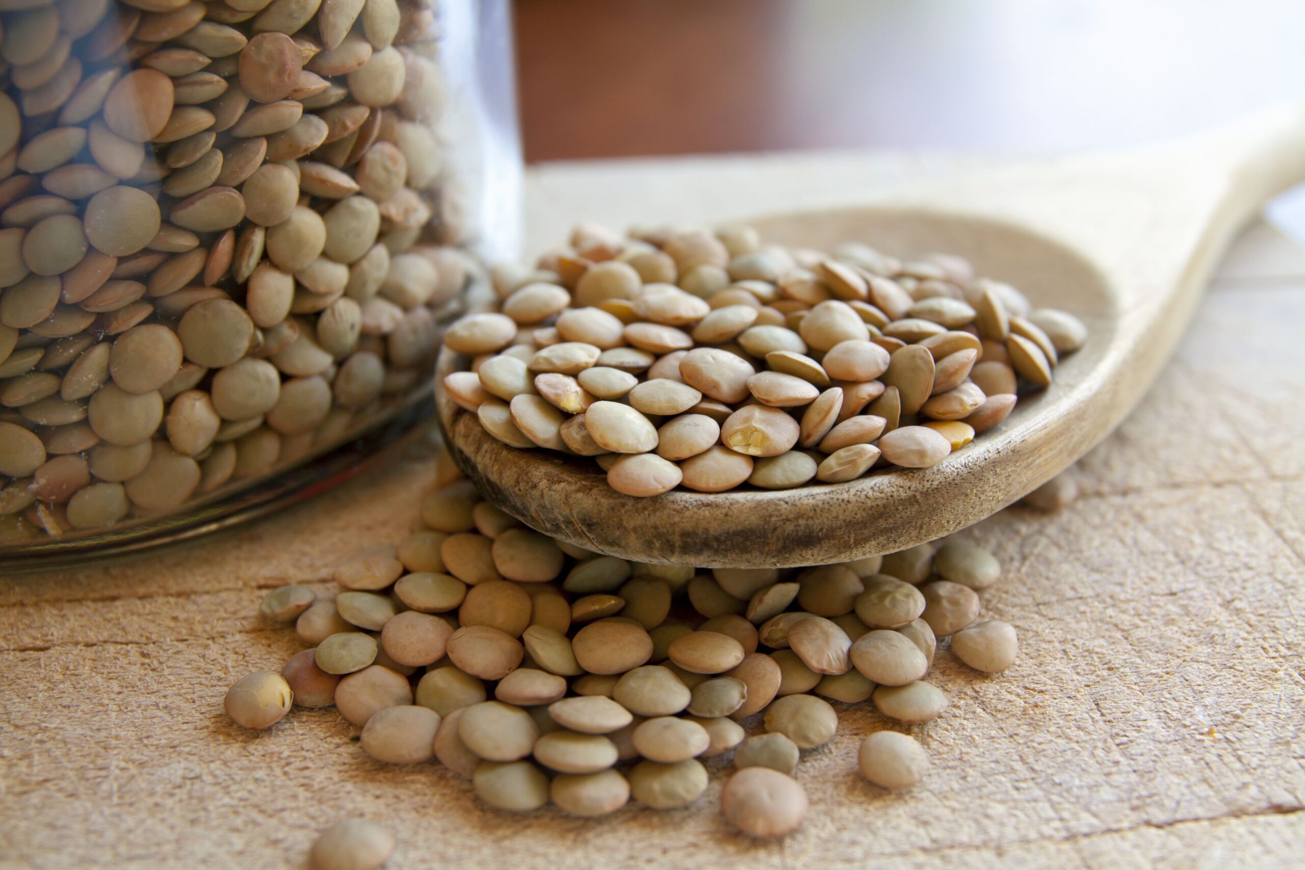 Lentils legumes beans with wooden spoon