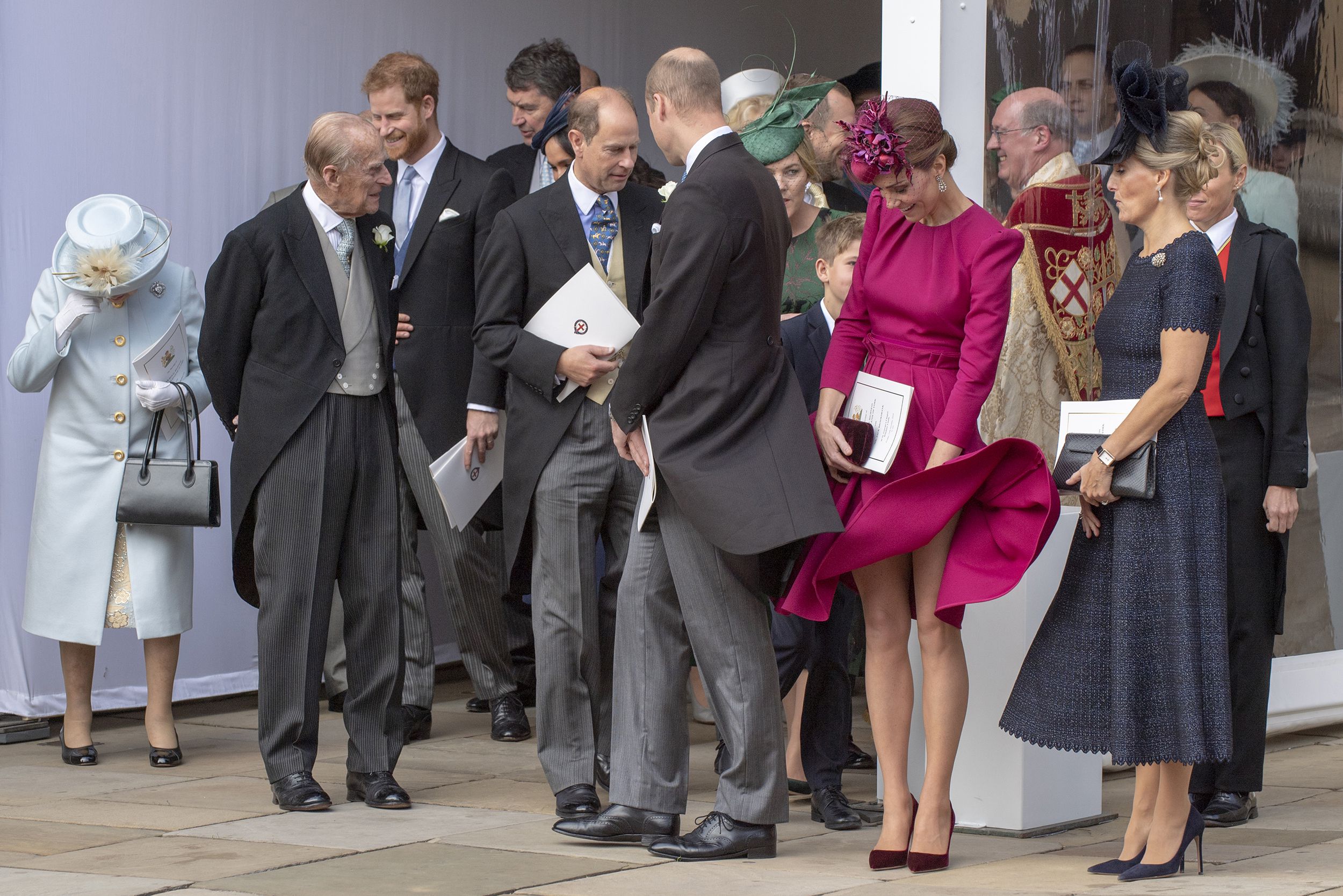 Queen Elizabeth II, Prince Philip, Duke of Edinburgh , Prince Harry, Duke of Sussex, Prince Edward, Earl of Wessex, Prince William, Duke of Cambridge, Catherine, Duchess of Cambridge and Sophie, Countess of Wessex attend the wedding of Princess Eugenie of