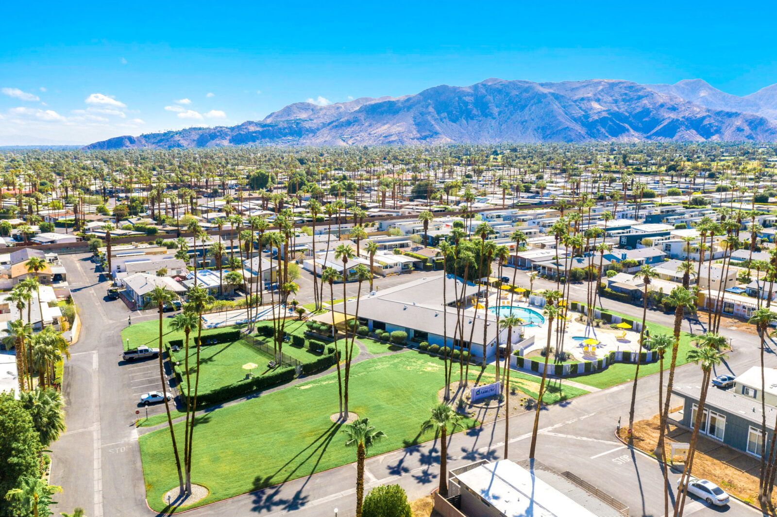 Aerial of Palm Canyon Mobile Club, Palm Springs, California, on a sunny day