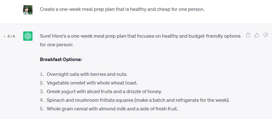 ChatGPT prompt asking it to generate a meal plan
