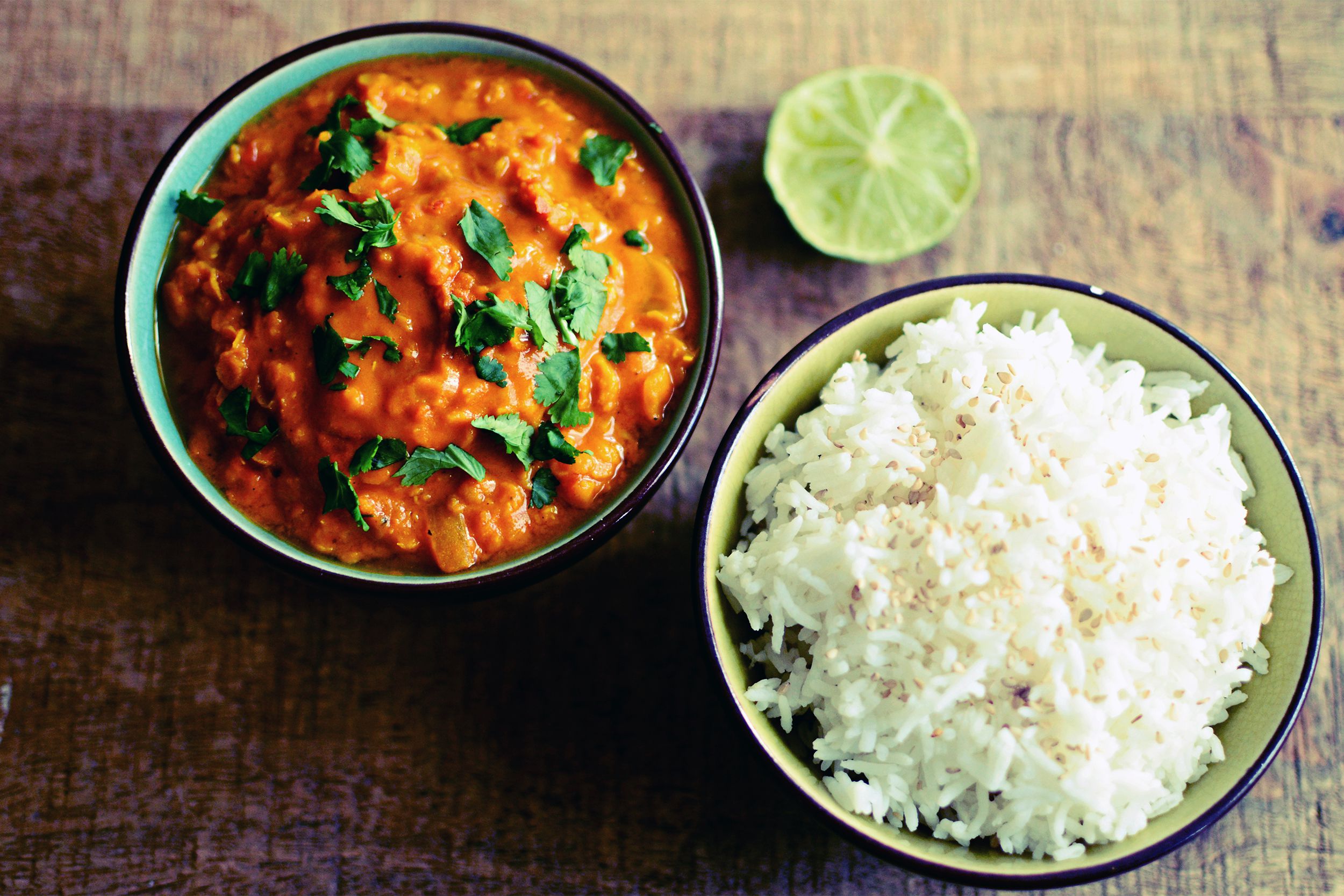 Dal and Rice in small round bowls