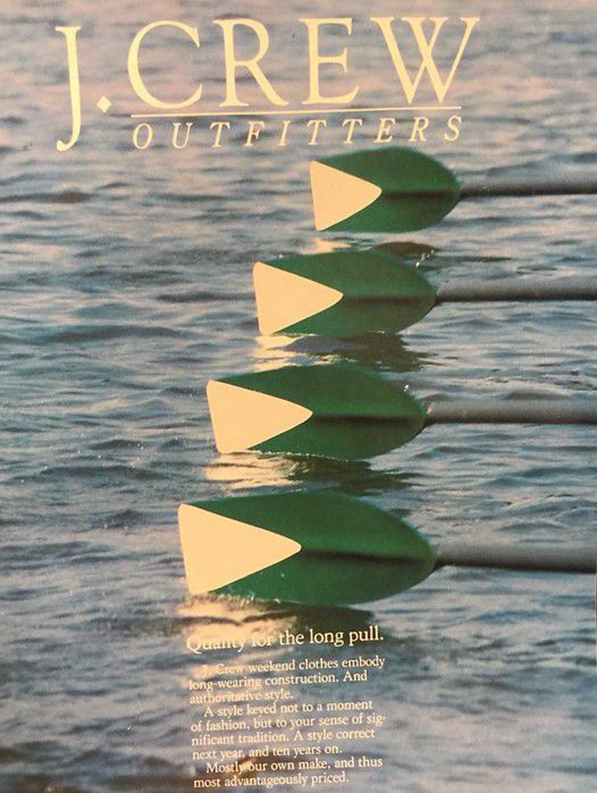 Five green and white oars are lined up in water, with the text "J.CREW OUTFITTERS" above them, resembling an ad. The scene evokes the classic style of companies founded by year, with gentle ripples and additional text below.
