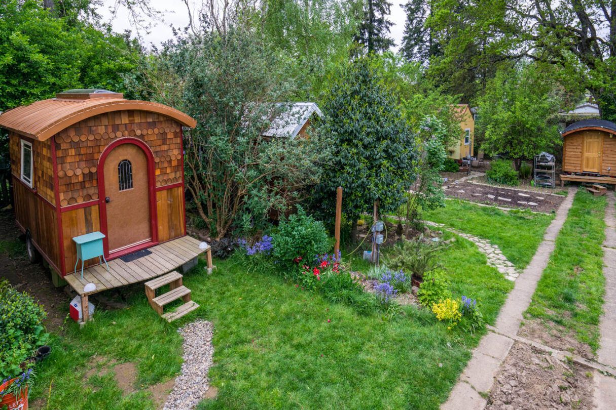 Many whimsical tiny homes in the Simply Home Community, Portland, Oregon, with beautiful gardens and surrounded by forest