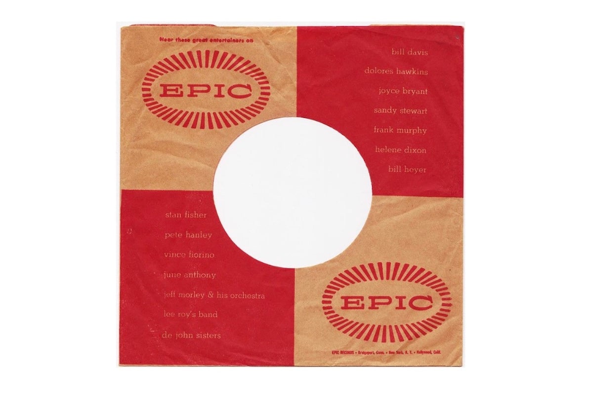 A vintage red and brown EPIC record sleeve, showcasing a central circular cutout and names of various artists on the right side, reminiscent of the era’s companies founded by year, including Dolores Hawkins, Joyce Bryant, and Helene Dixon.