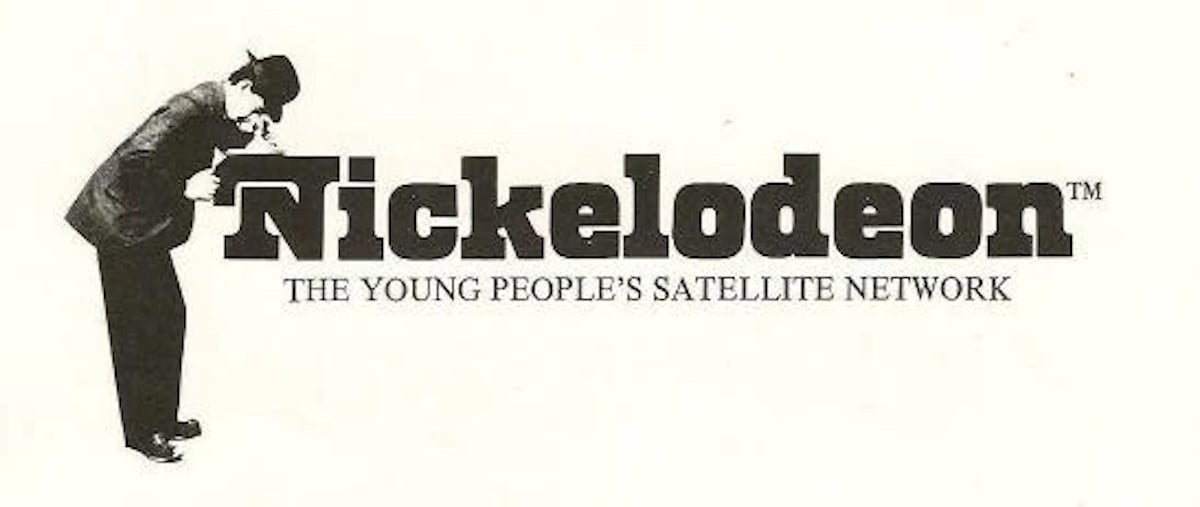 A black-and-white Nickelodeon logo features a person in a hat looking through a magnifying glass at the letter "N." Below, text reads: "THE YOUNG PEOPLE'S SATELLITE NETWORK—highlighting iconic companies founded by year.