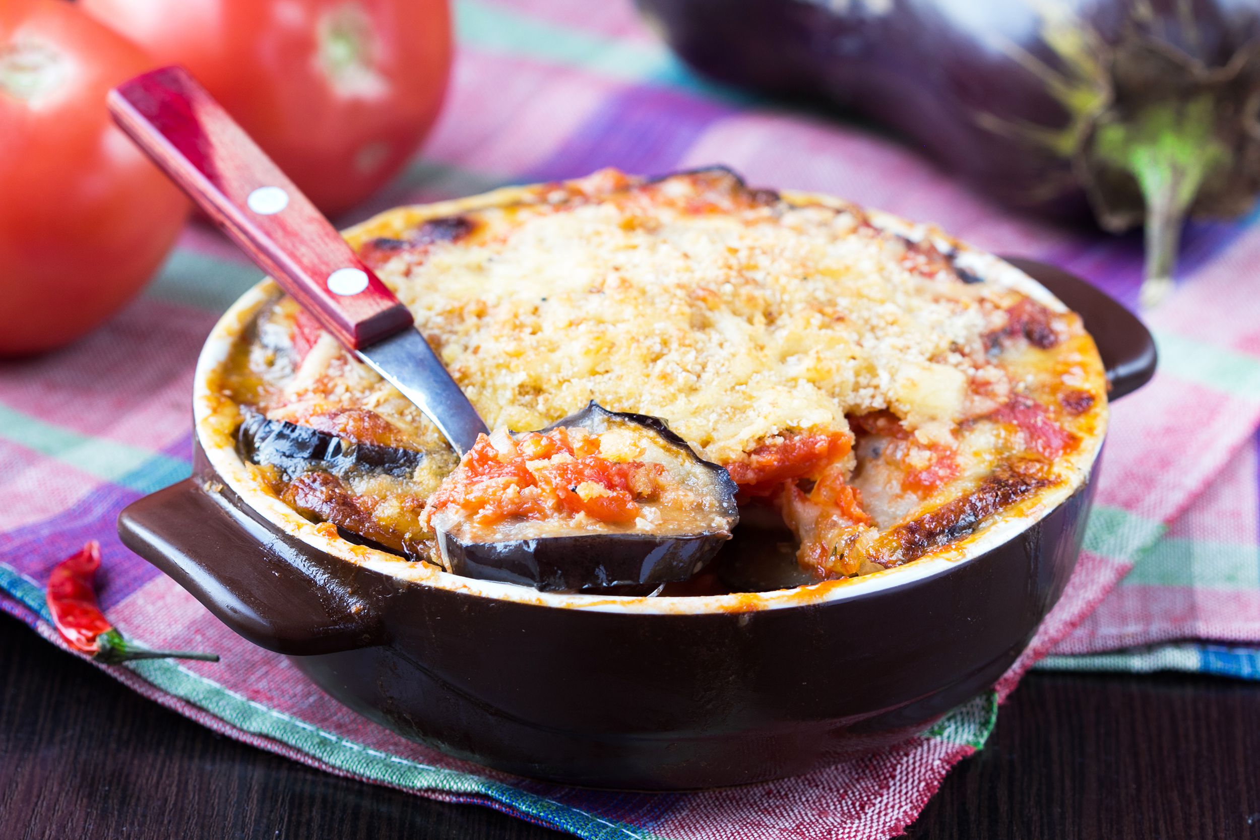 Vegetarian Moussaka in a stone baking dish