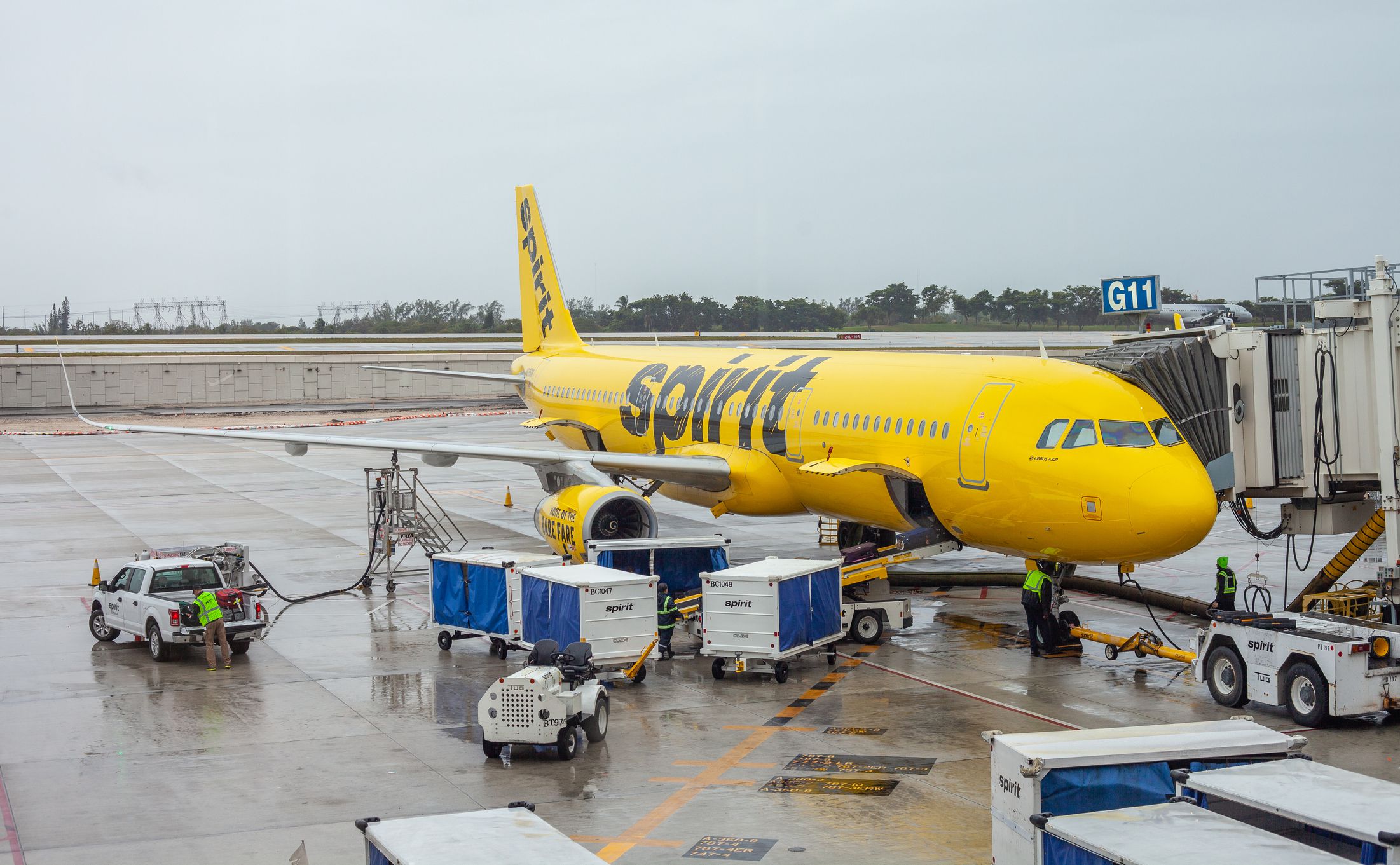 Spirit Airlines Jet parked at a gate in Fort Lauderdale-Hollywood International Airport in Fort Lauderdale Florida USA on a real overcast morning