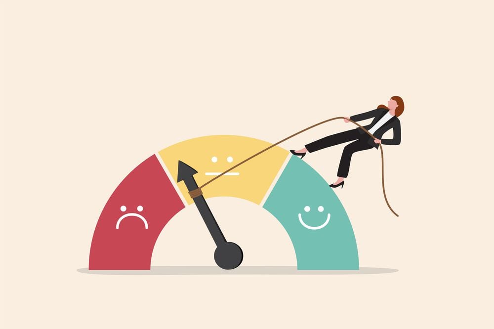 Illustration of a businesswoman pulling a rope to move a gauge's arrow from the sad (red) section toward the happy (green) section, symbolizing improving mood or performance.