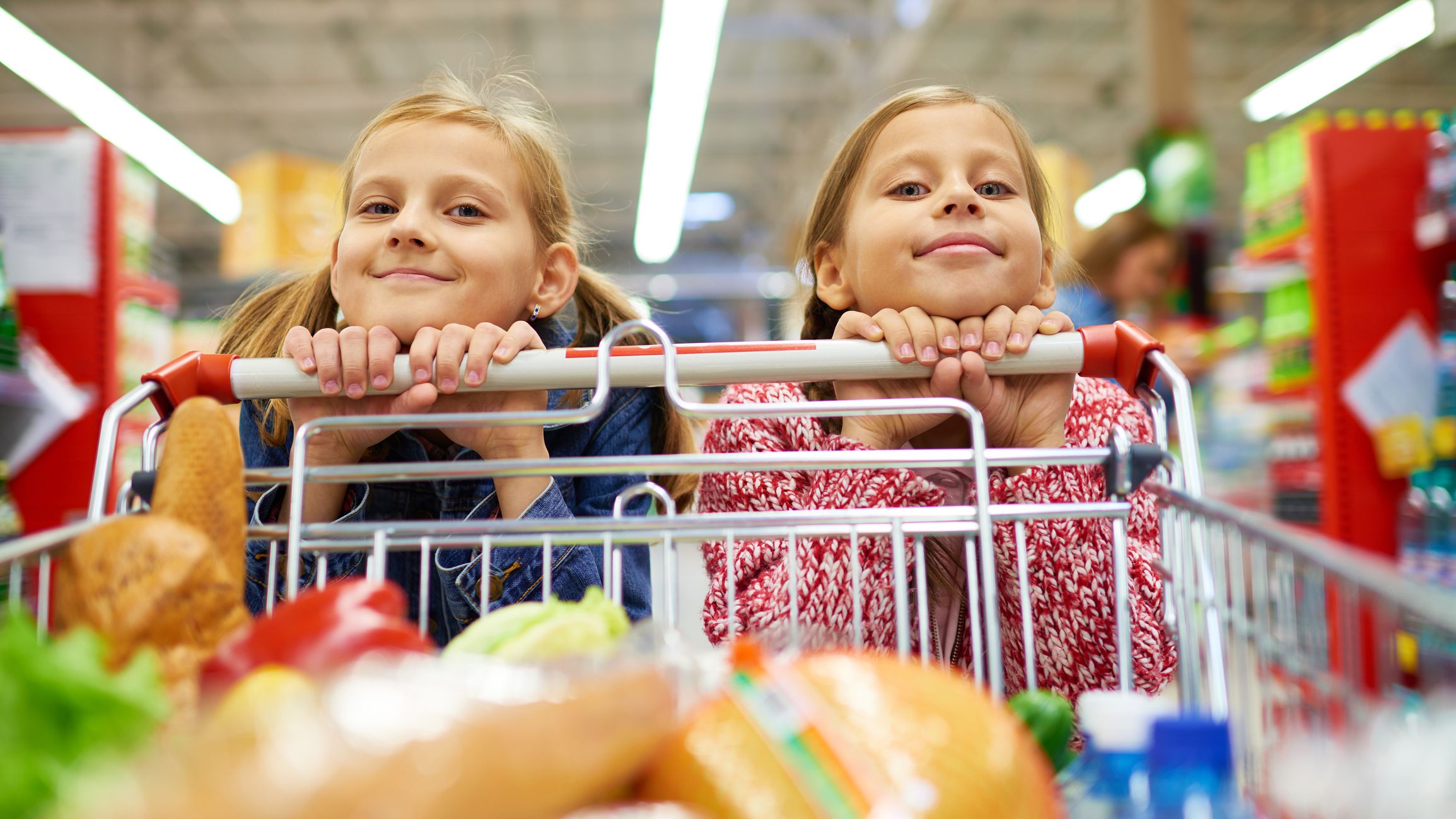 Portrait of two little girls with shopping cart