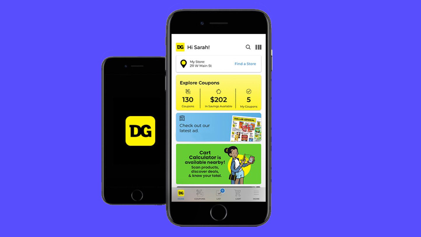 A cutout of a phone with the Dollar General app onscreen with a purple background
