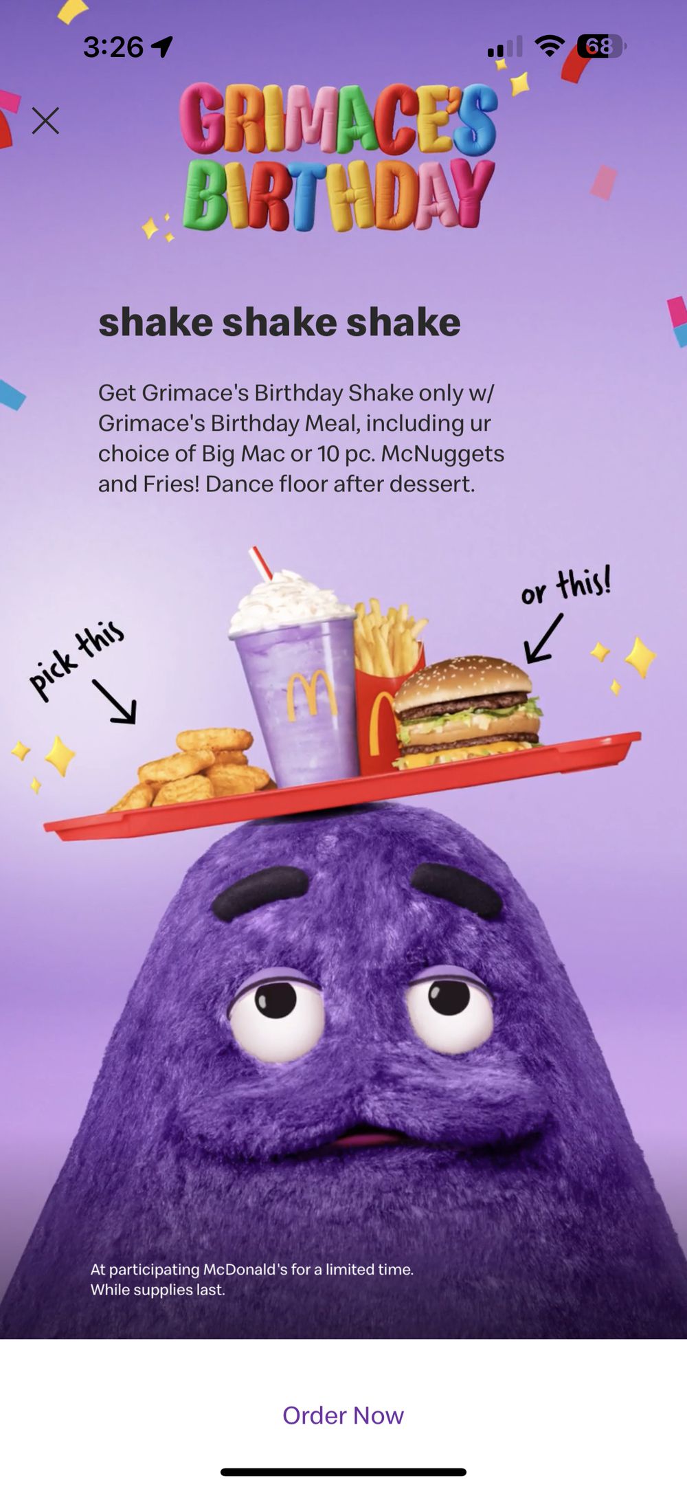 A colorful ad featuring Grimace holding a tray with a birthday shake, fries, and a choice between a Big Mac or 10-piece McNuggets. Text promotes Grimace's Birthday Meal at McDonald's. Purple background with festive vibes.