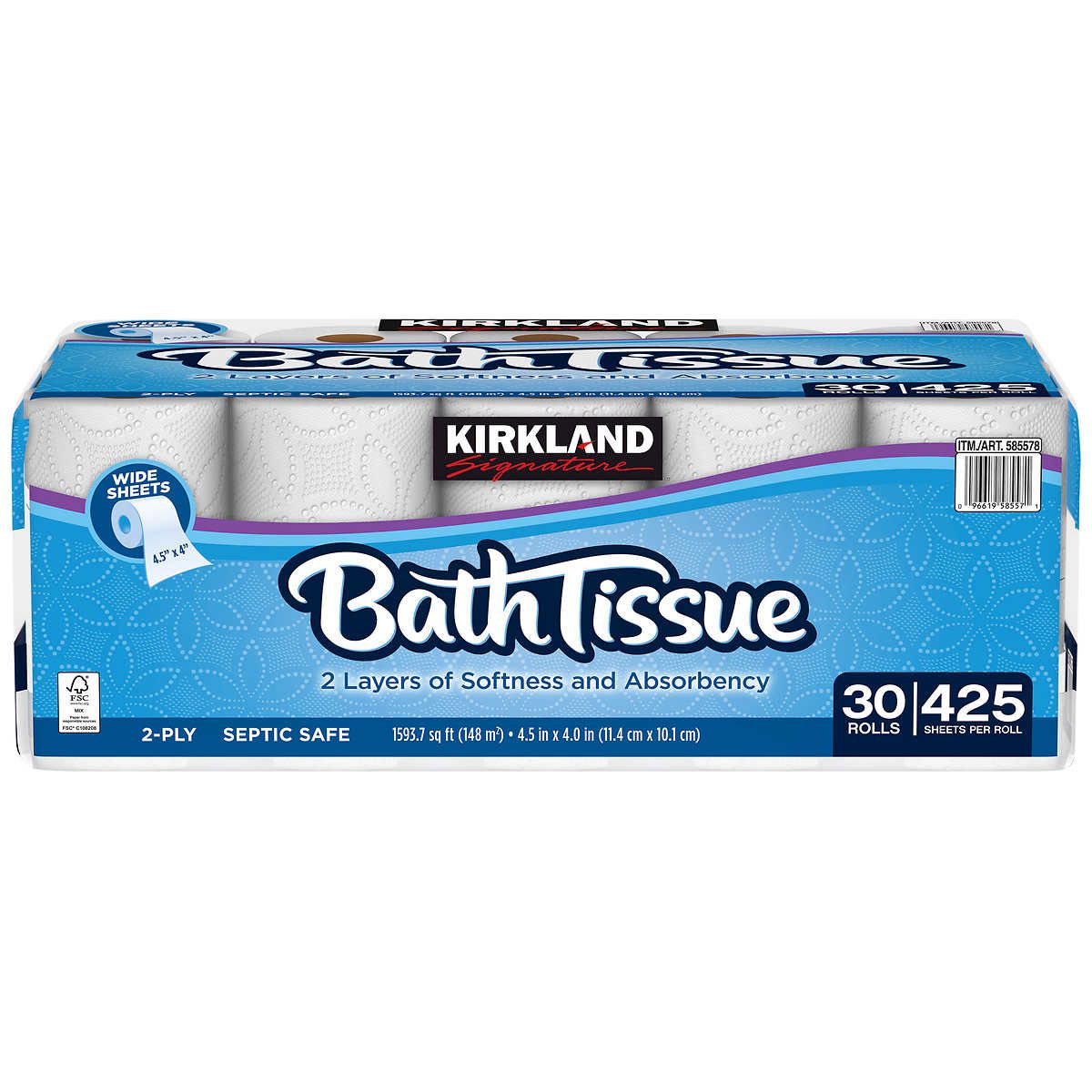 Kirkland Signature toilet paper rolls in package