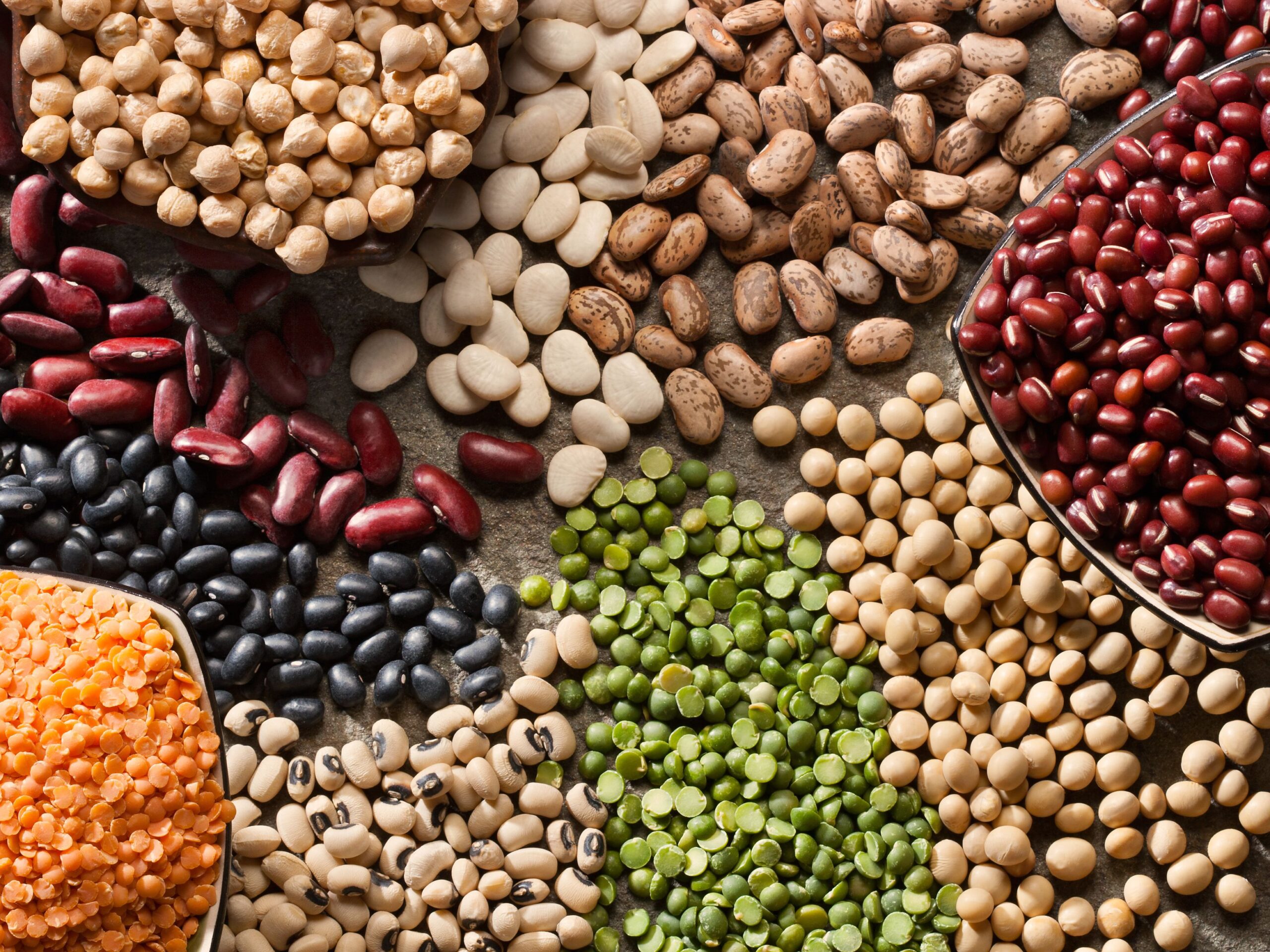 Piles of a variety of healthy organic legumes.