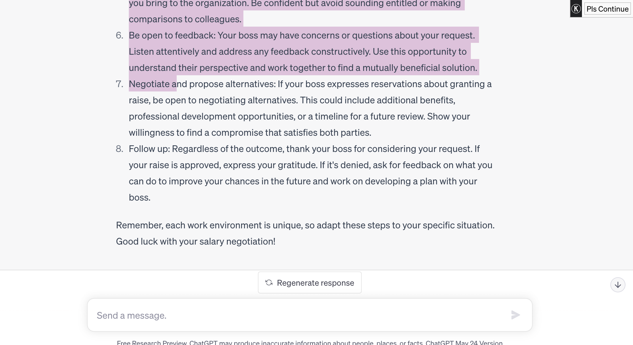 ChatGPT screen for getting a raise tips