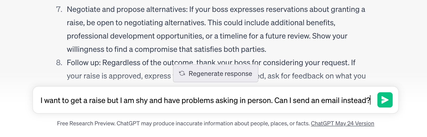 Screen shot of ChatGPT question