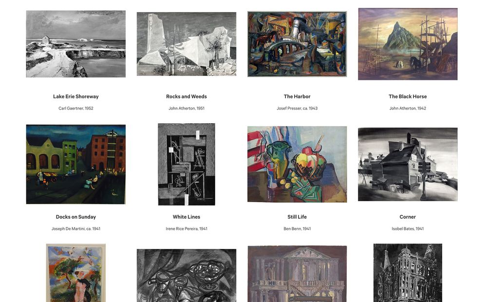 A grid of twelve paintings with labels, each featuring a unique scene, such as landscapes, cityscapes, and still life, with artist names and dates listed below each artwork. Background is plain and neutral.