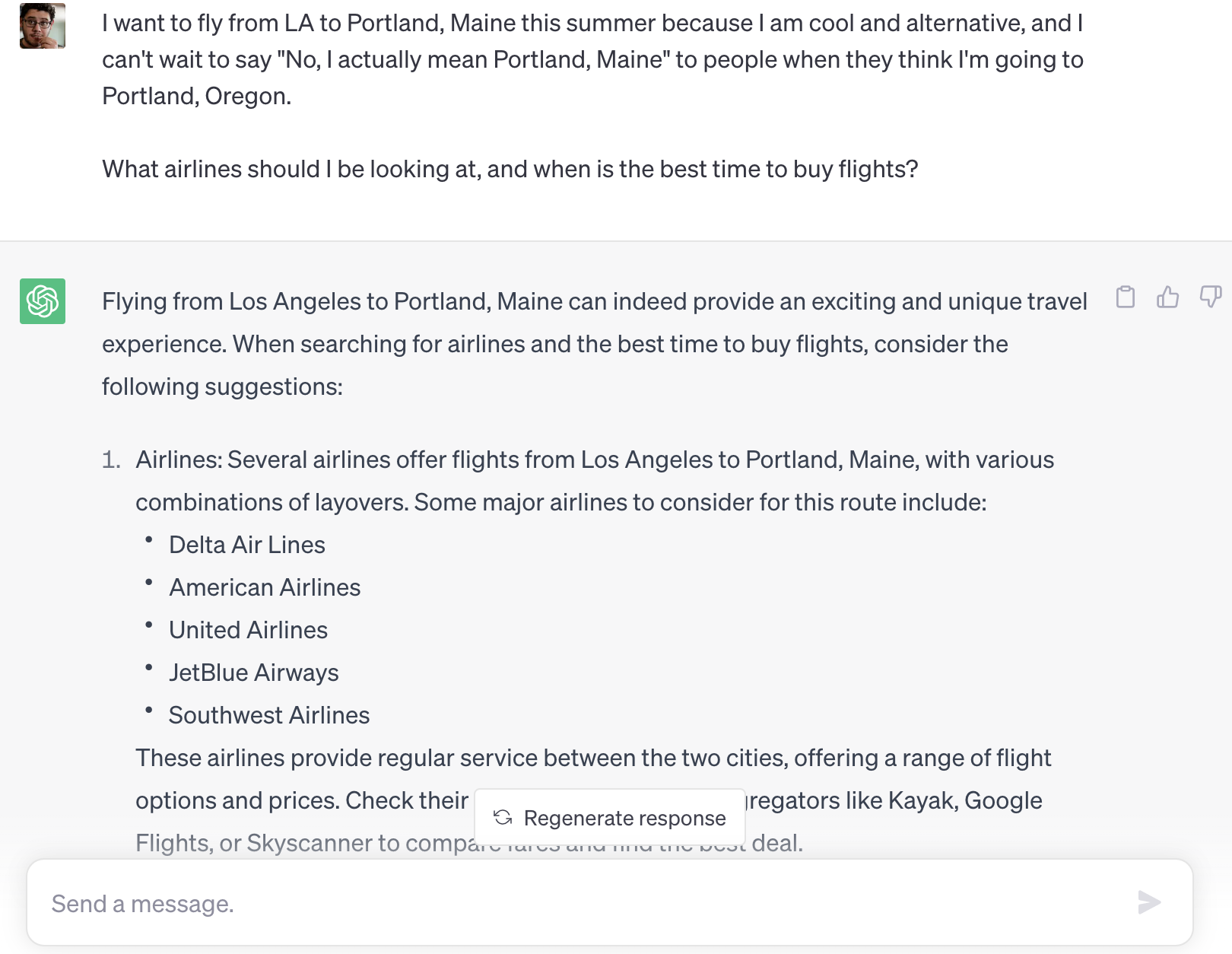 a screenshot of chatgpt helping with airplane travel