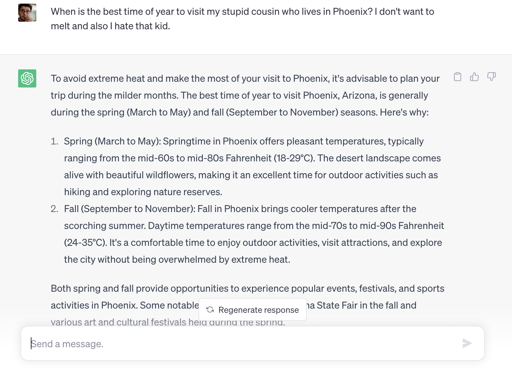 a screenshot showing chatgpt saying the best time of year to take a vacation