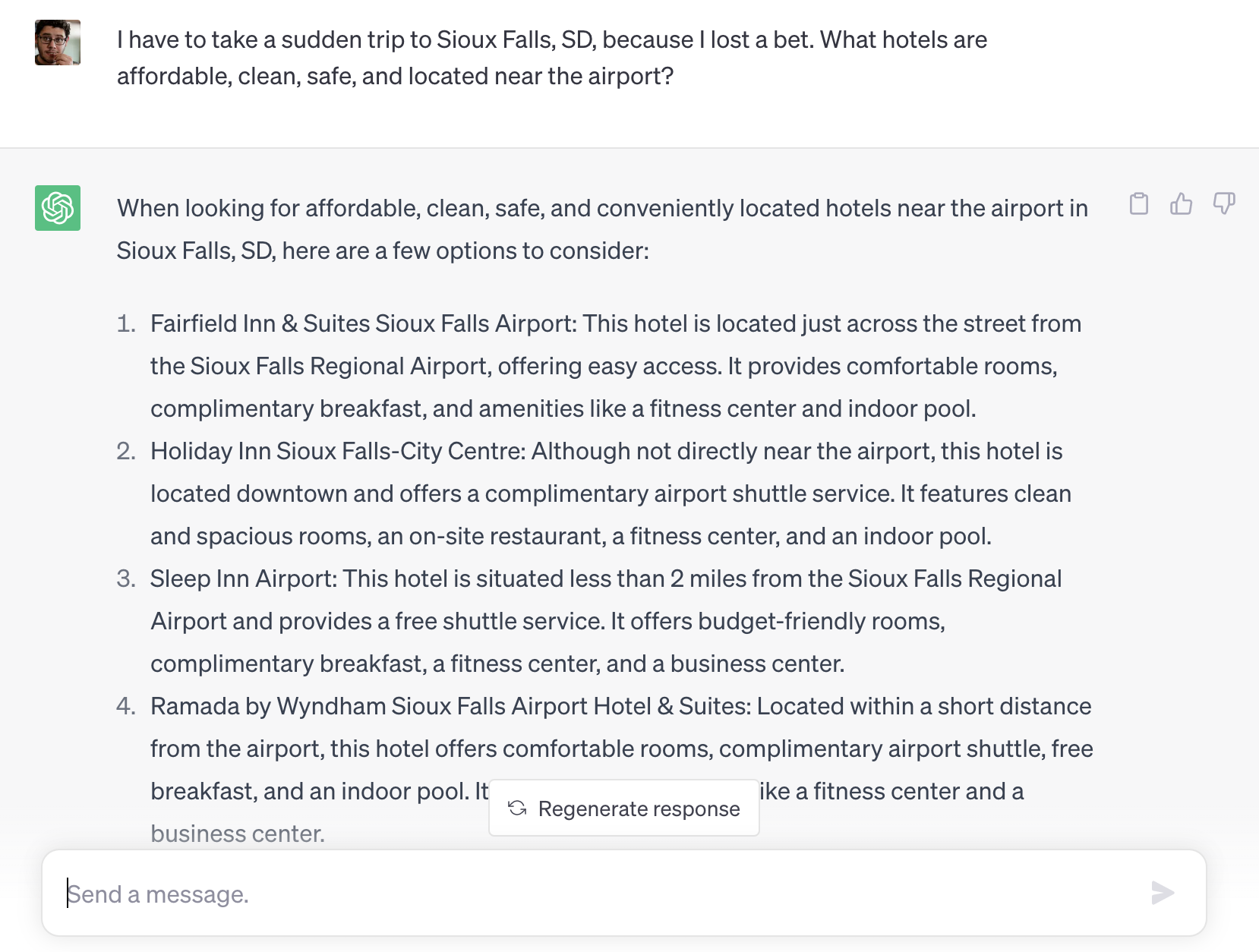 a screenshot of chatgpt recommending hotels to stay in