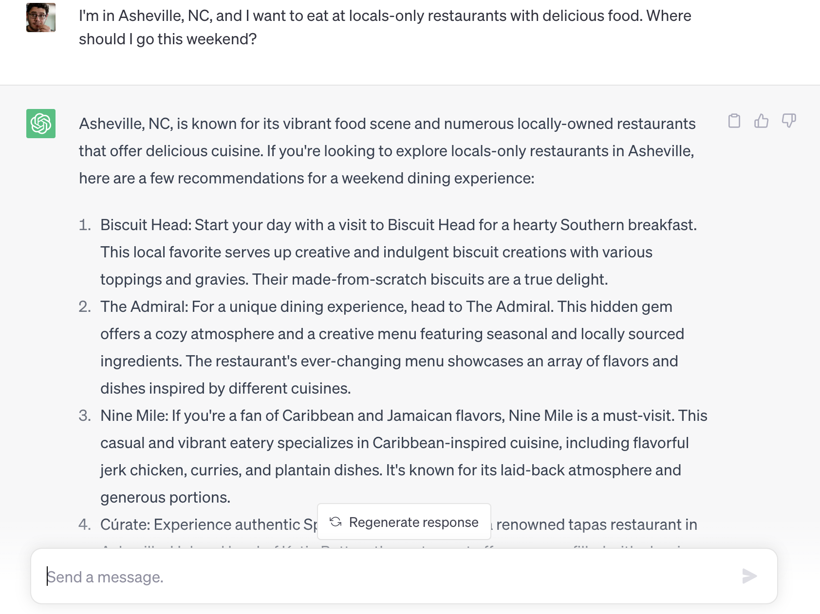 a screenshot showing chatgpt recommending restaurants