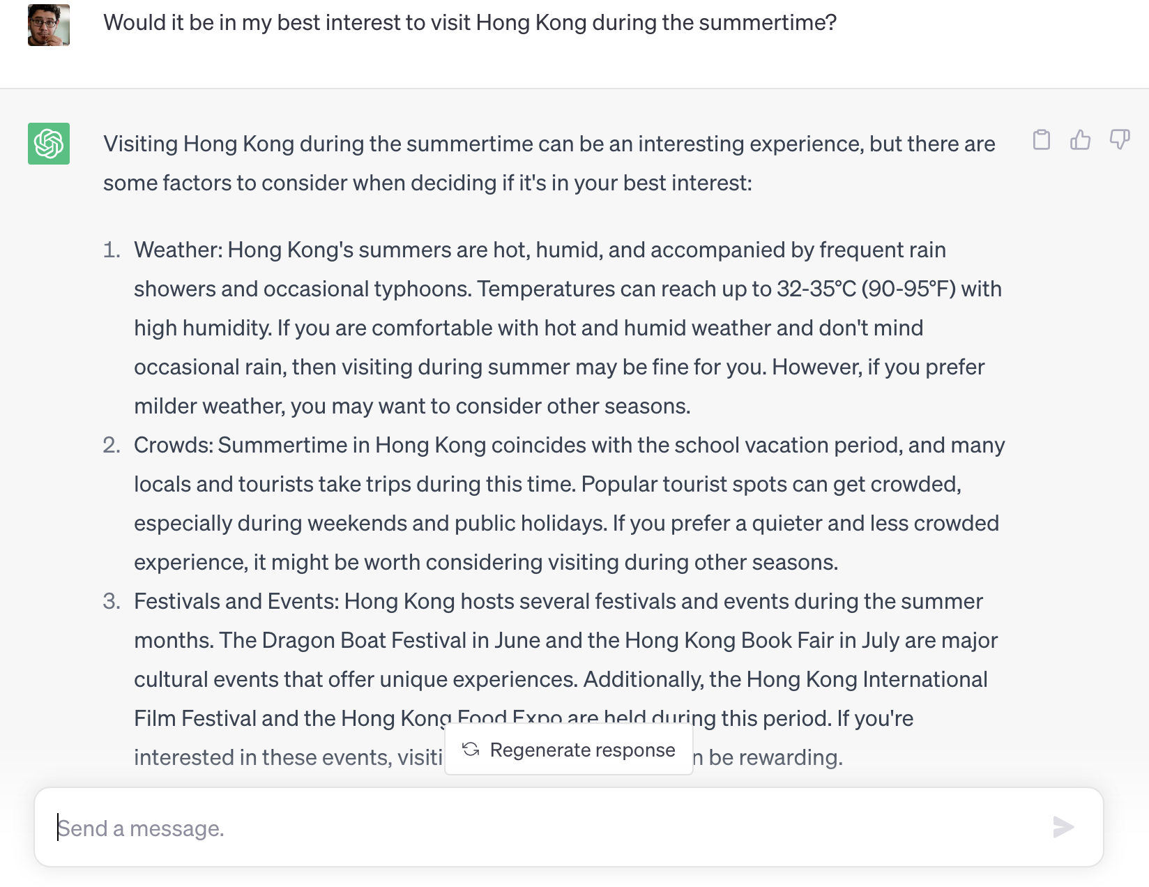 a screenshot of chatgpt talking about the weather on somebodys planned vacation