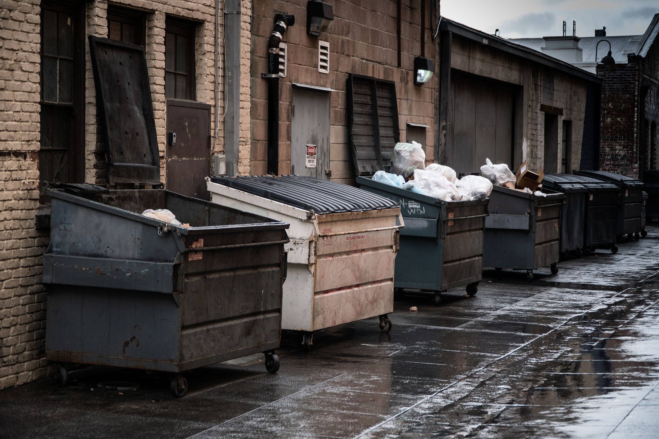 Alley way lined with opened and closed industrial sized trash dumpsters.