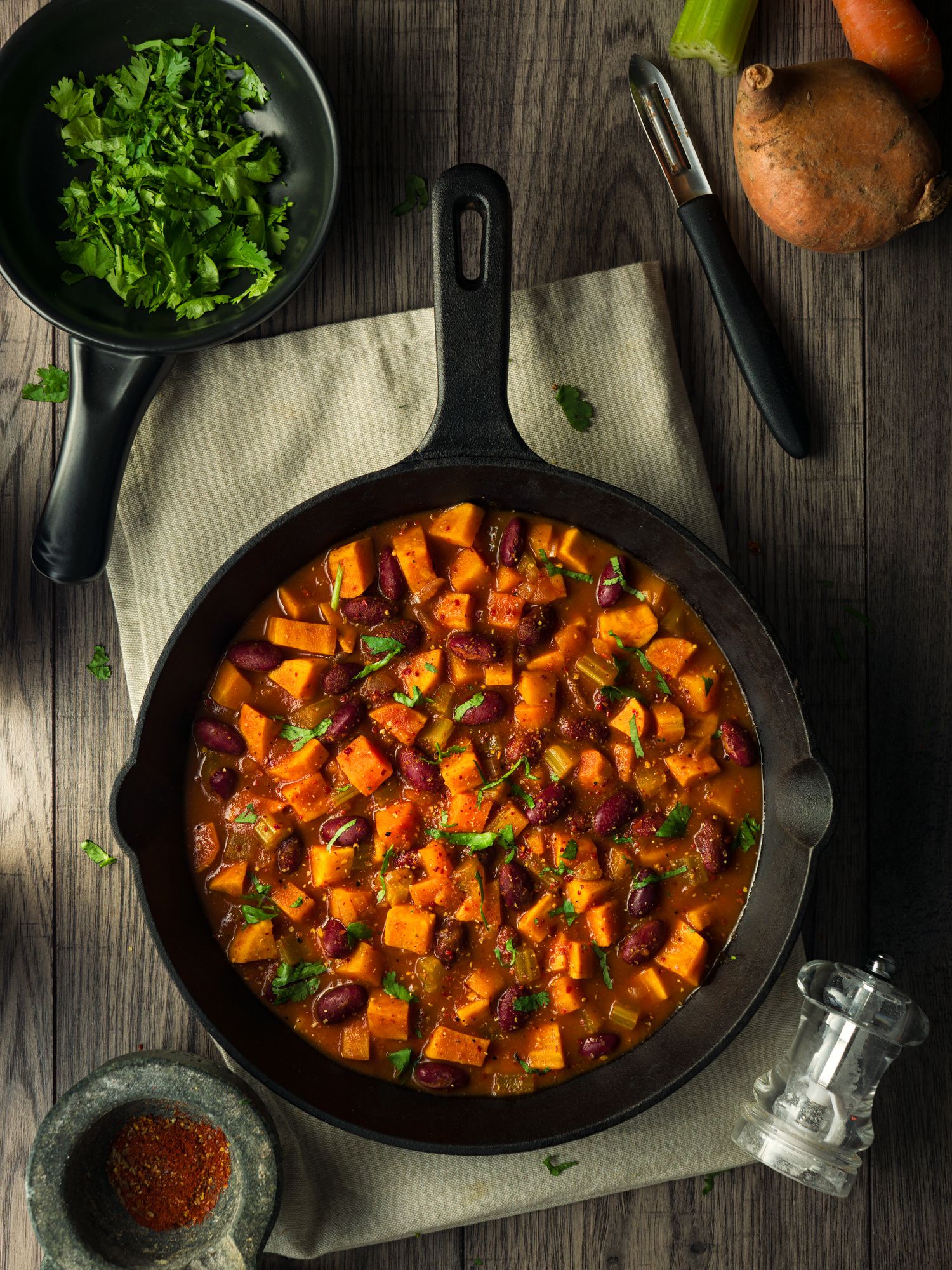 Home made freshness sweet potato,carrot,celery,with kidney beans vegan chili con carne ,sprinkle fine chopped fresh coriander
