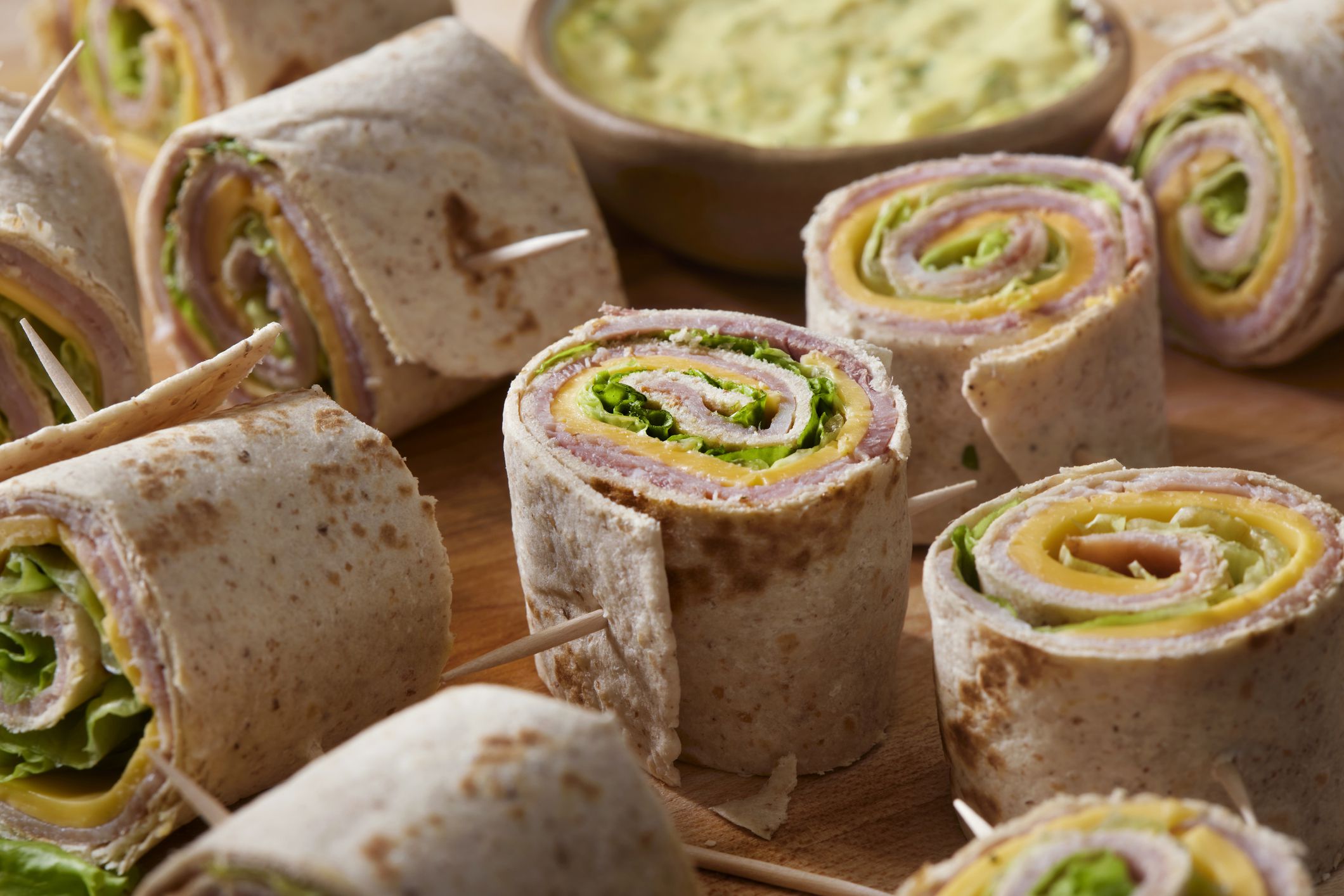 Ham, Lettuce and Cheese Tortilla Bites with a Mustard and Mayo Dip