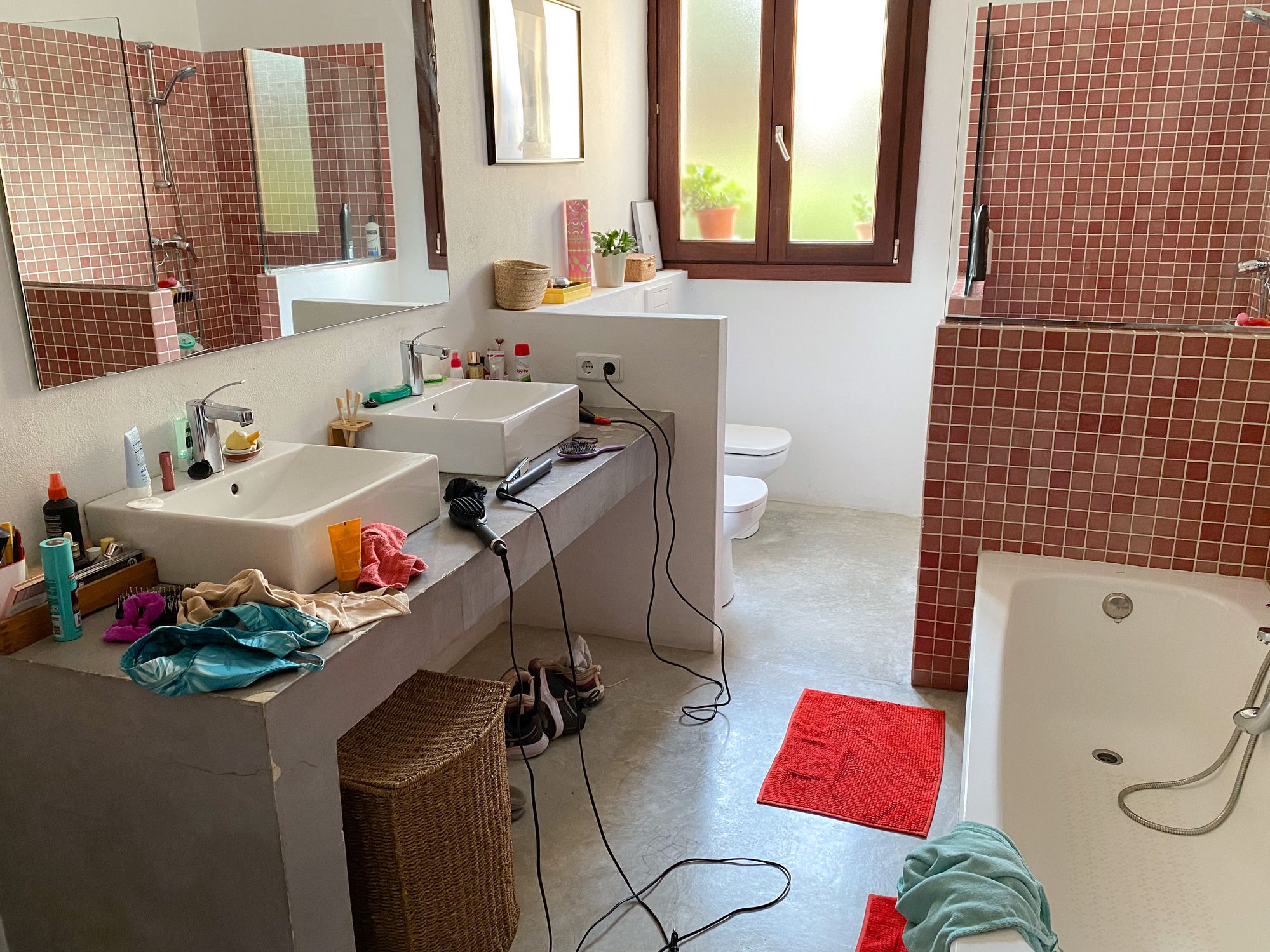 Mess in the bathroom of a teenage girl at home