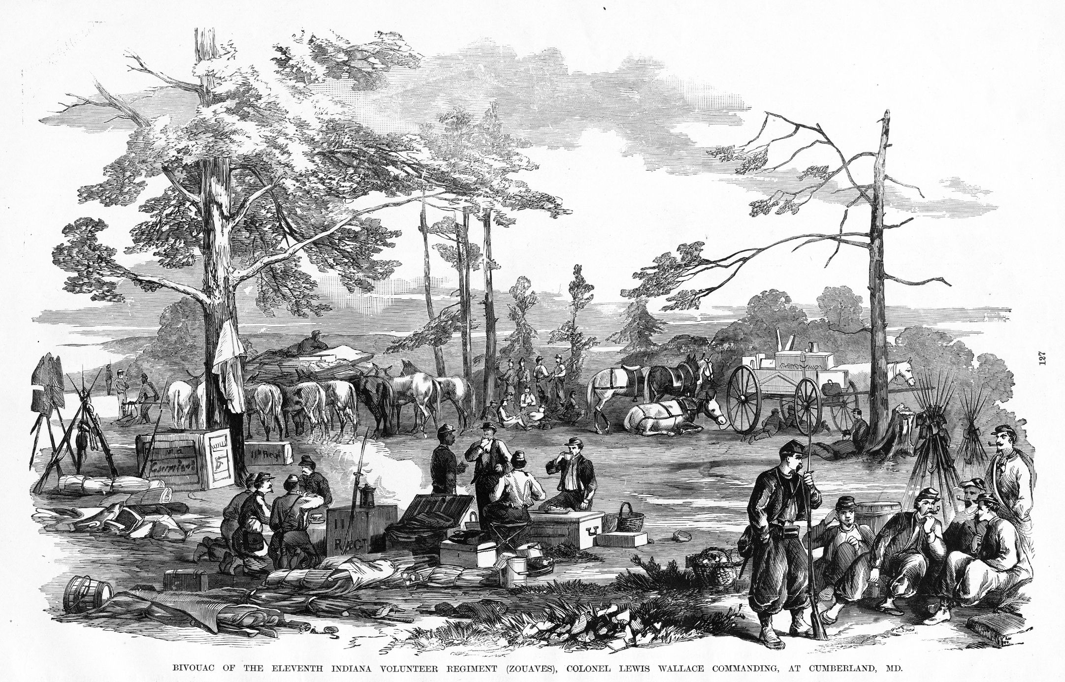 Engraving of Bivouac Eleventh Indiana Volunteer Regiment, Colonel Lewis Wallace Commanding, at Cumberland, Maryland from