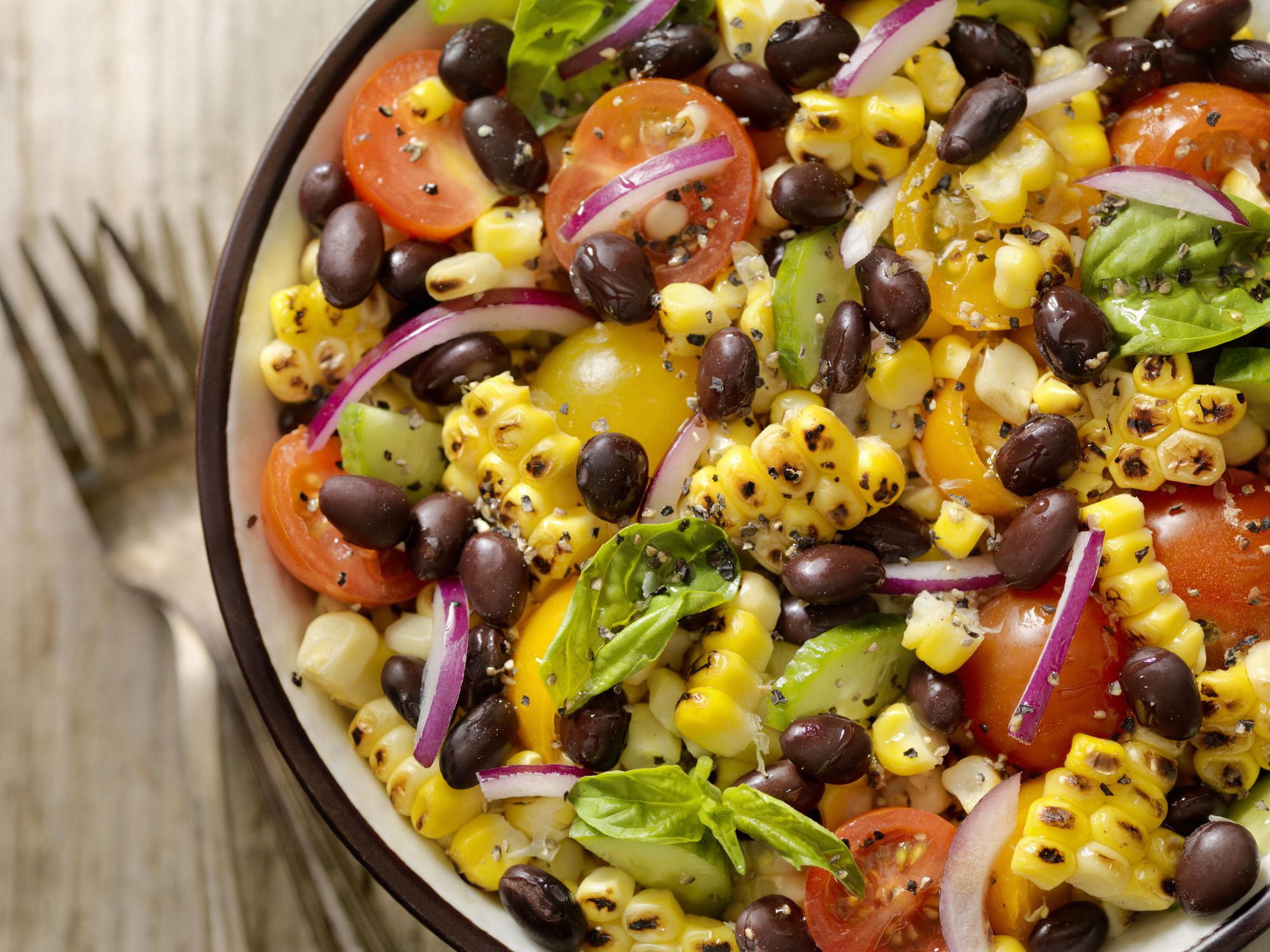 Grilled Corn and Black Bean Salad with Tomatoes, Red Onions, Cucumber and Basil -Photographed on Hasselblad H3D2-39mb Camera