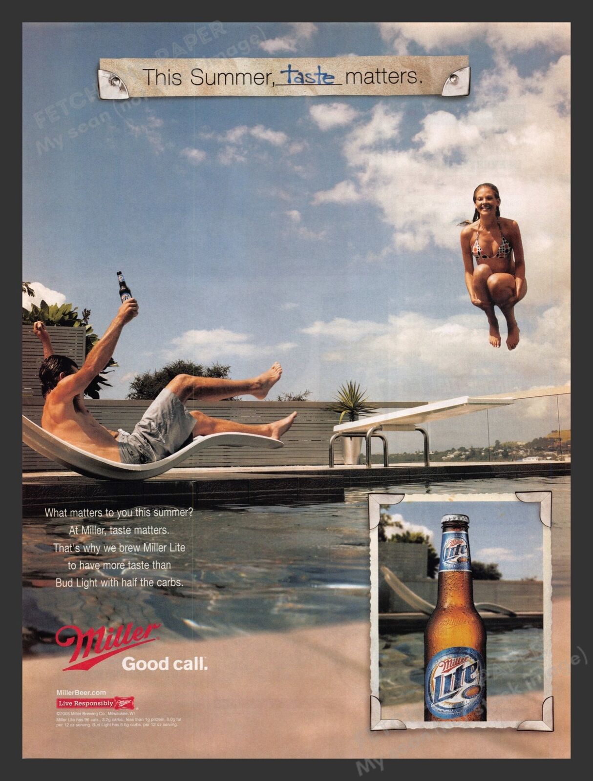 Miller Lite Swimming Pool Alcohol Beer 2000s Print Advertisement Ad 2005