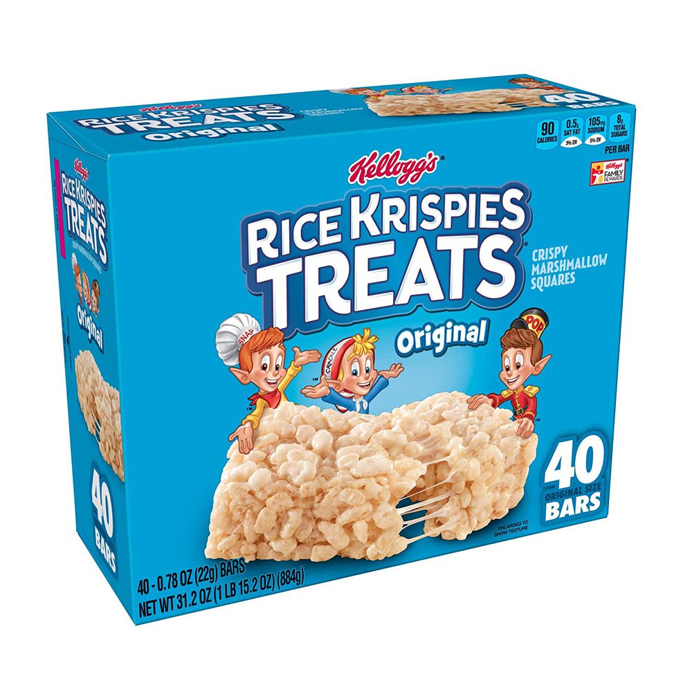 A blue box of Kellogg’s Rice Krispies Treats Original, featuring cartoon mascots Snap, Crackle, and Pop, with an image of a marshmallow square and text indicating 40 bars inside.