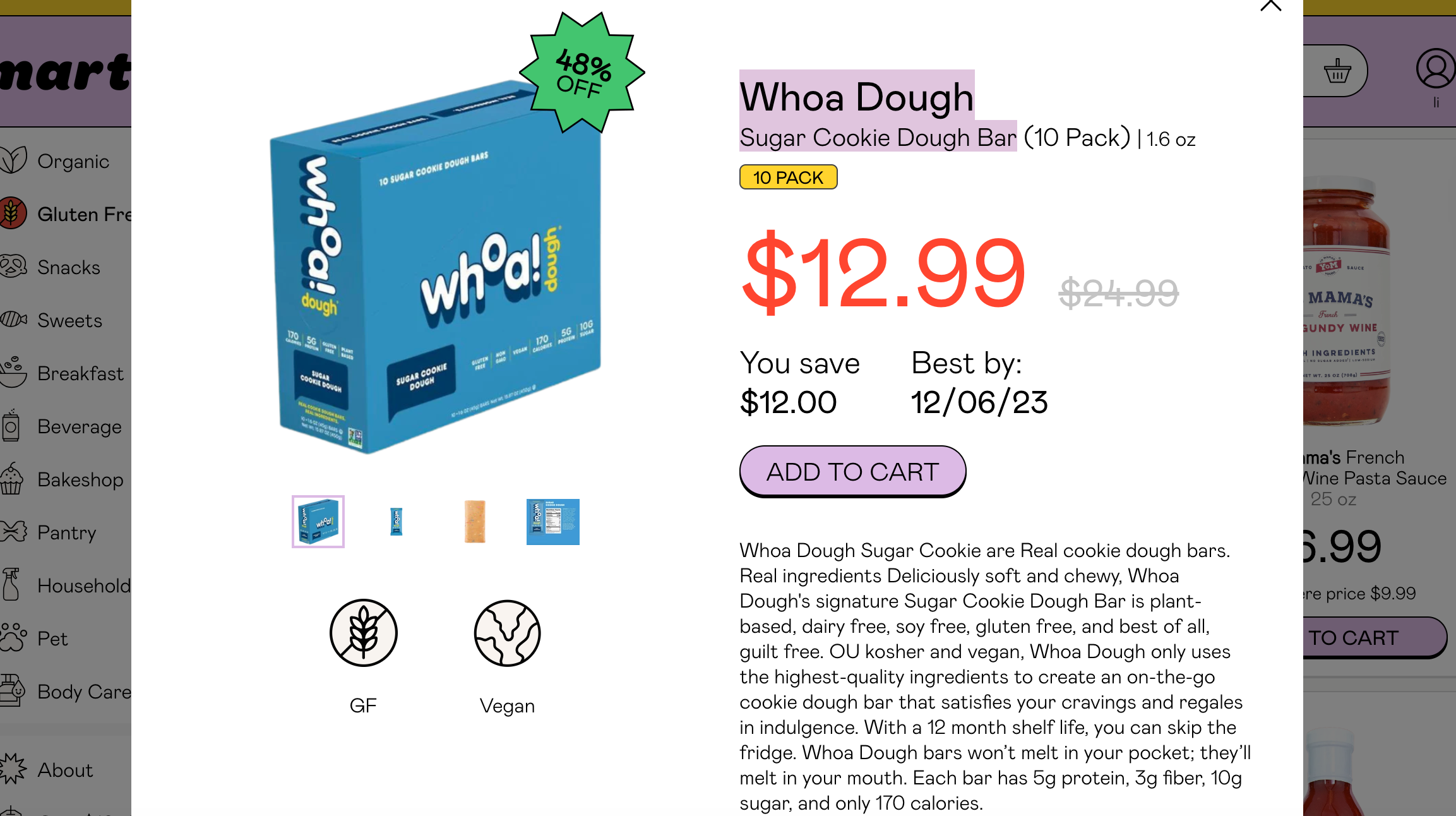 screen shot of Whoa Dough Sugar Cookie Dough Bar on Martie site