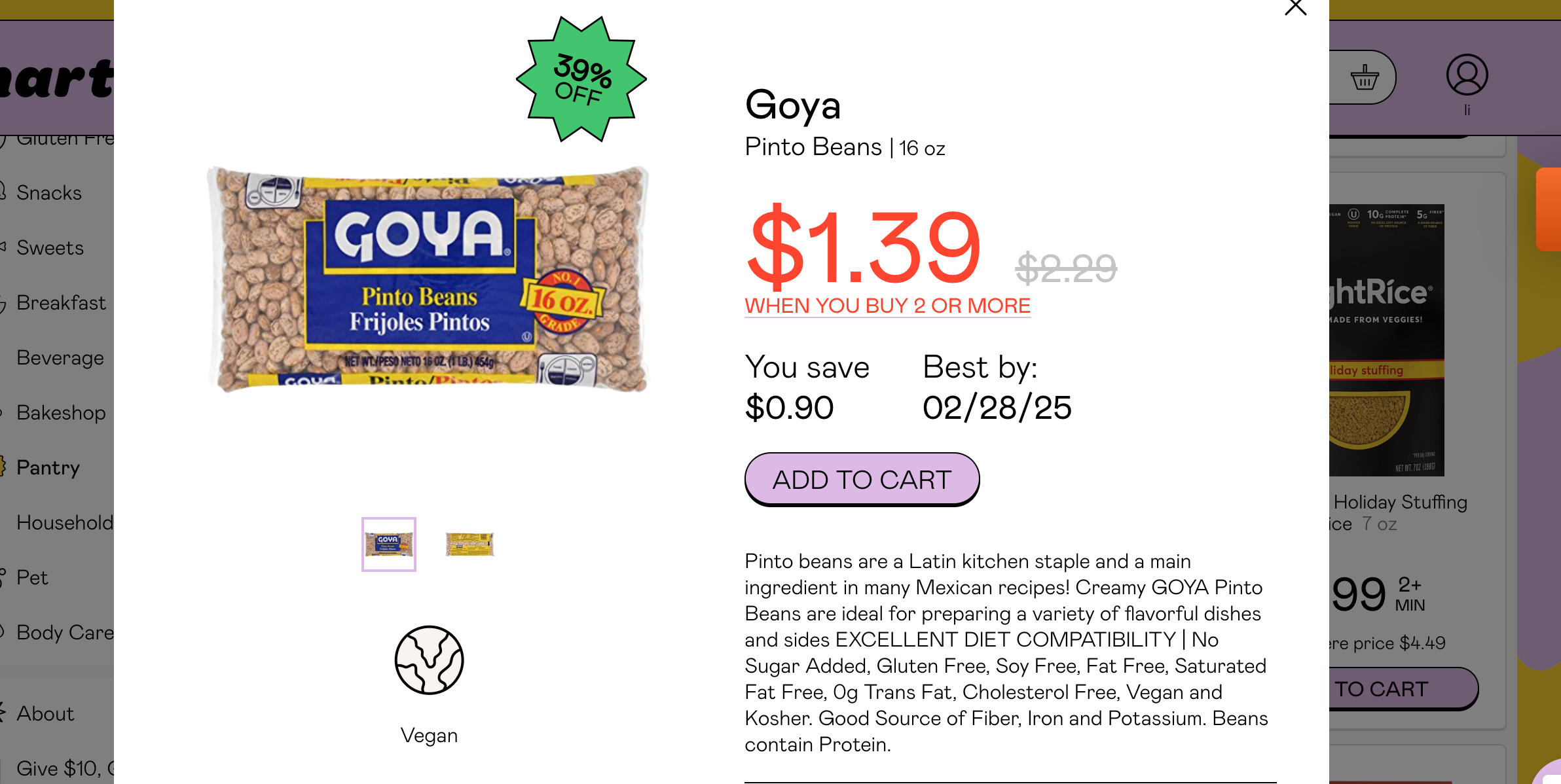 screen shot of Goya Pinto Beans on Martie website