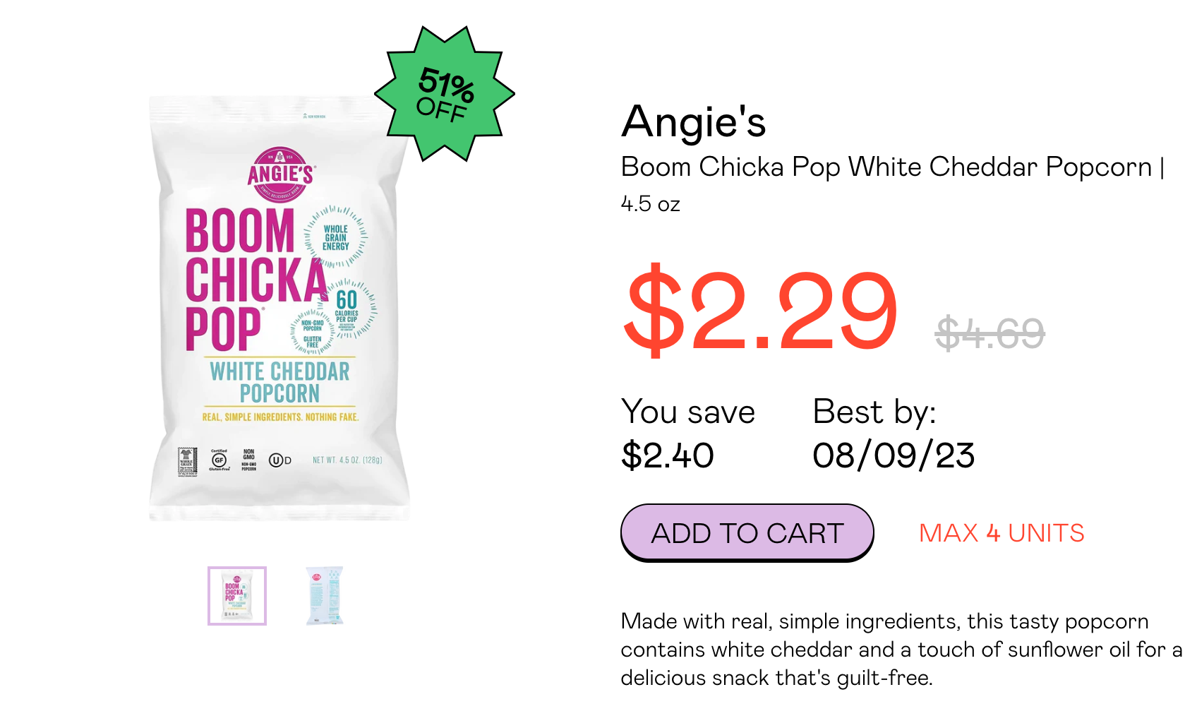 screen shot of Boom Chicka Pop White Cheddar Popcorn on Martie site