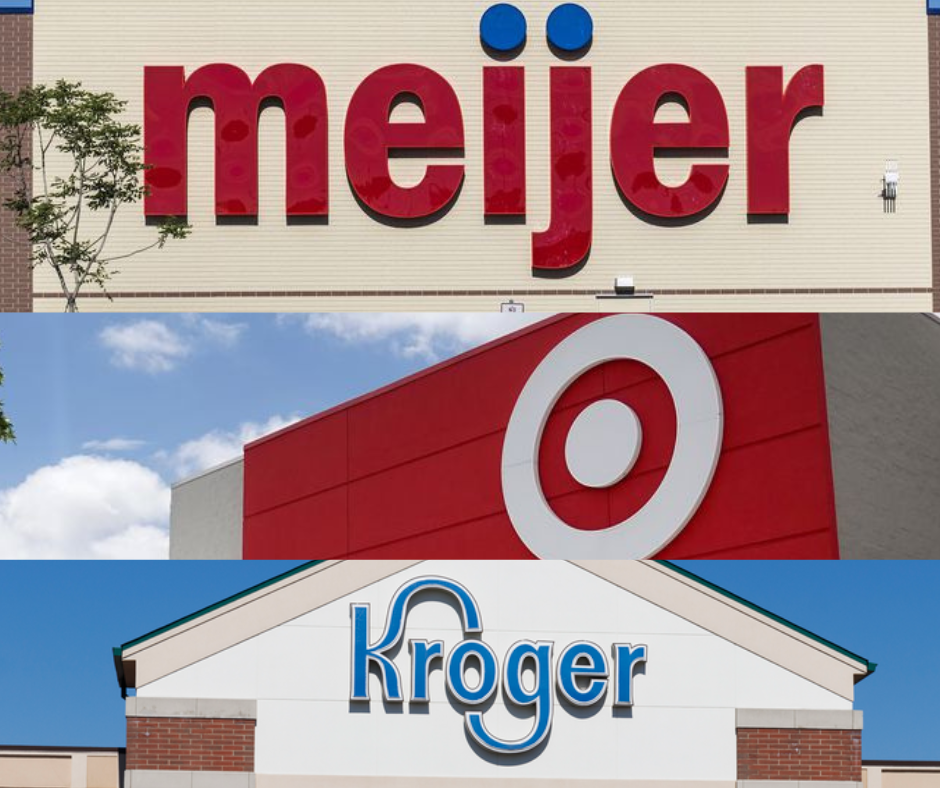 A collage showing the storefront signs of three retailers: Meijer, Target, and Kroger, each with their distinctive logos on their building exteriors.