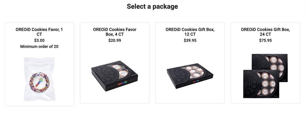 Four cookie package options: single cookie favor bag, box of 4 cookies, gift box of 12 cookies, and gift box of 24 cookies. Each option shows packaging and corresponding price.