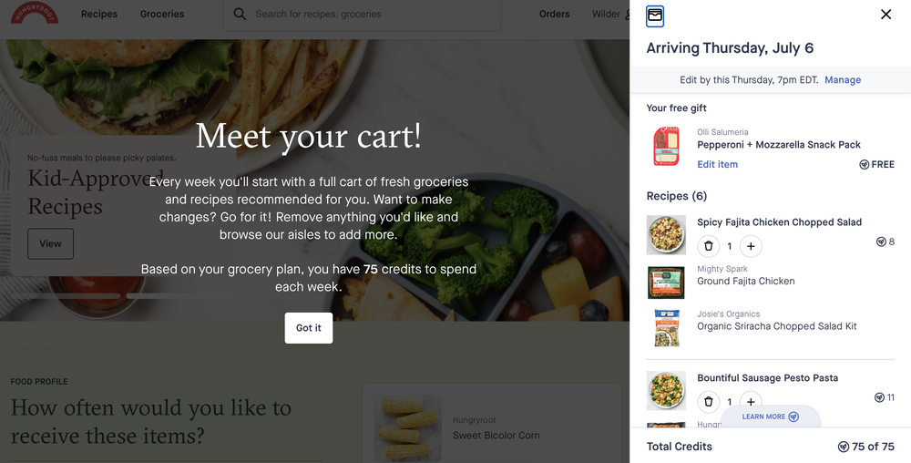 A grocery delivery website shows a pop-up message welcoming the user to their cart, explaining the use of weekly credits. The right sidebar displays grocery items chosen, their details, and a tracker showing 75 of 75 credits used.