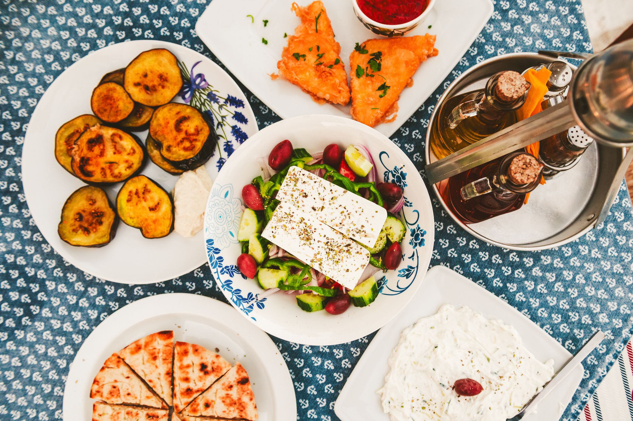 Traditional Greek Starters on the table, view from above