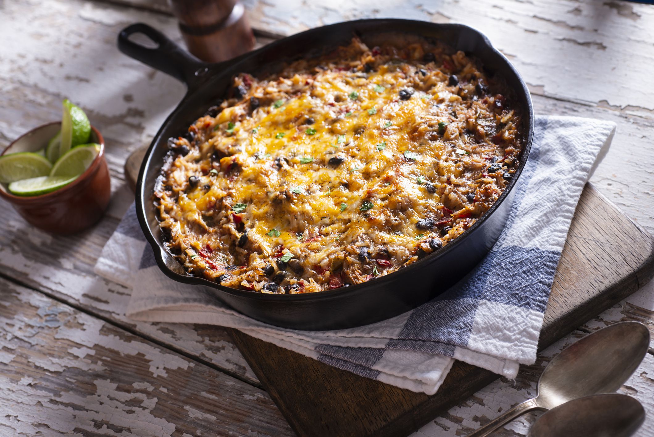 Southwestern Shredded Chicken Skillet with Rice, Black Beans, Tomato and Cheese
